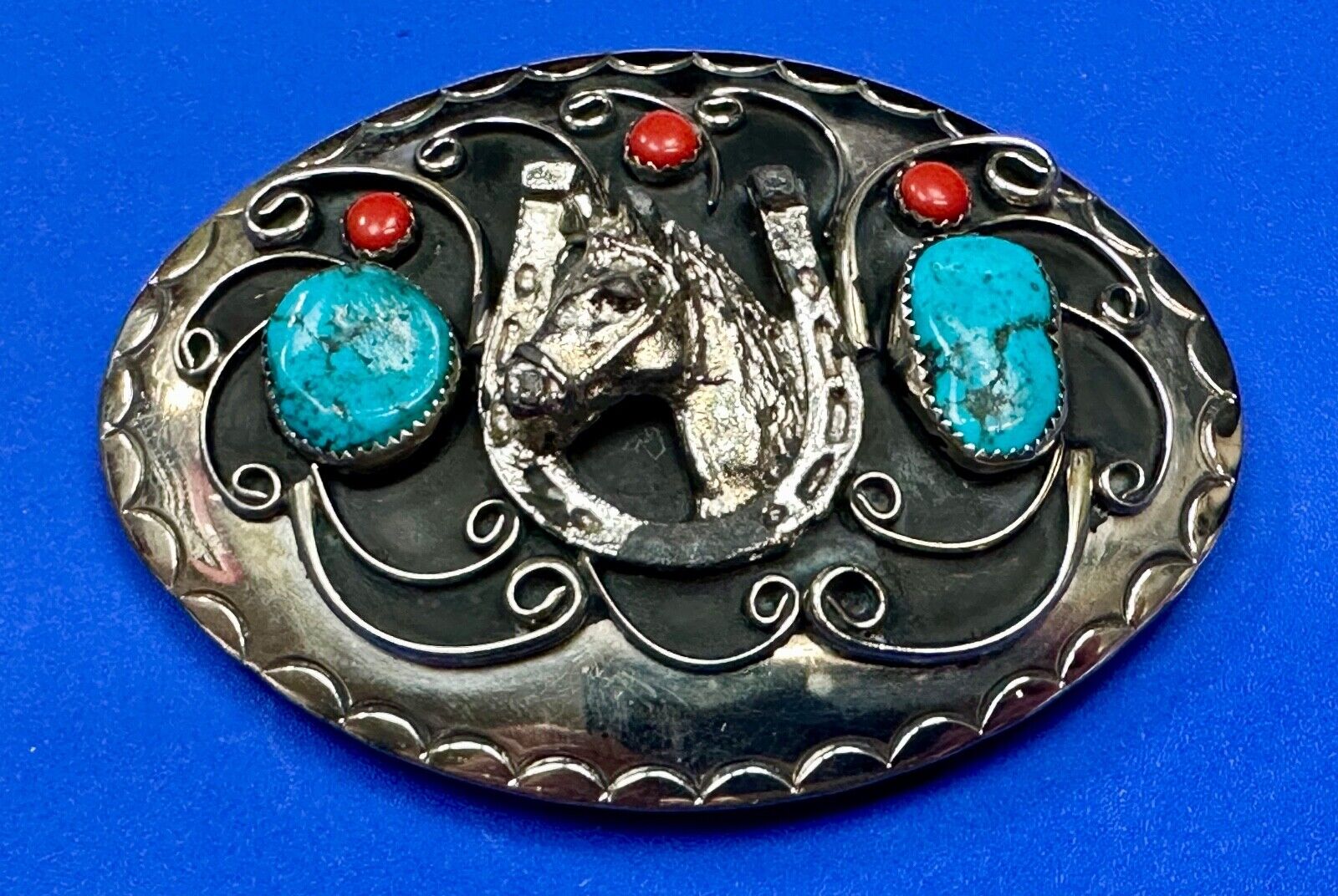 Horse, Lucky Horseshoe - Vintage SQUAW WRAP Turquoise Red Coral Belt Buckle