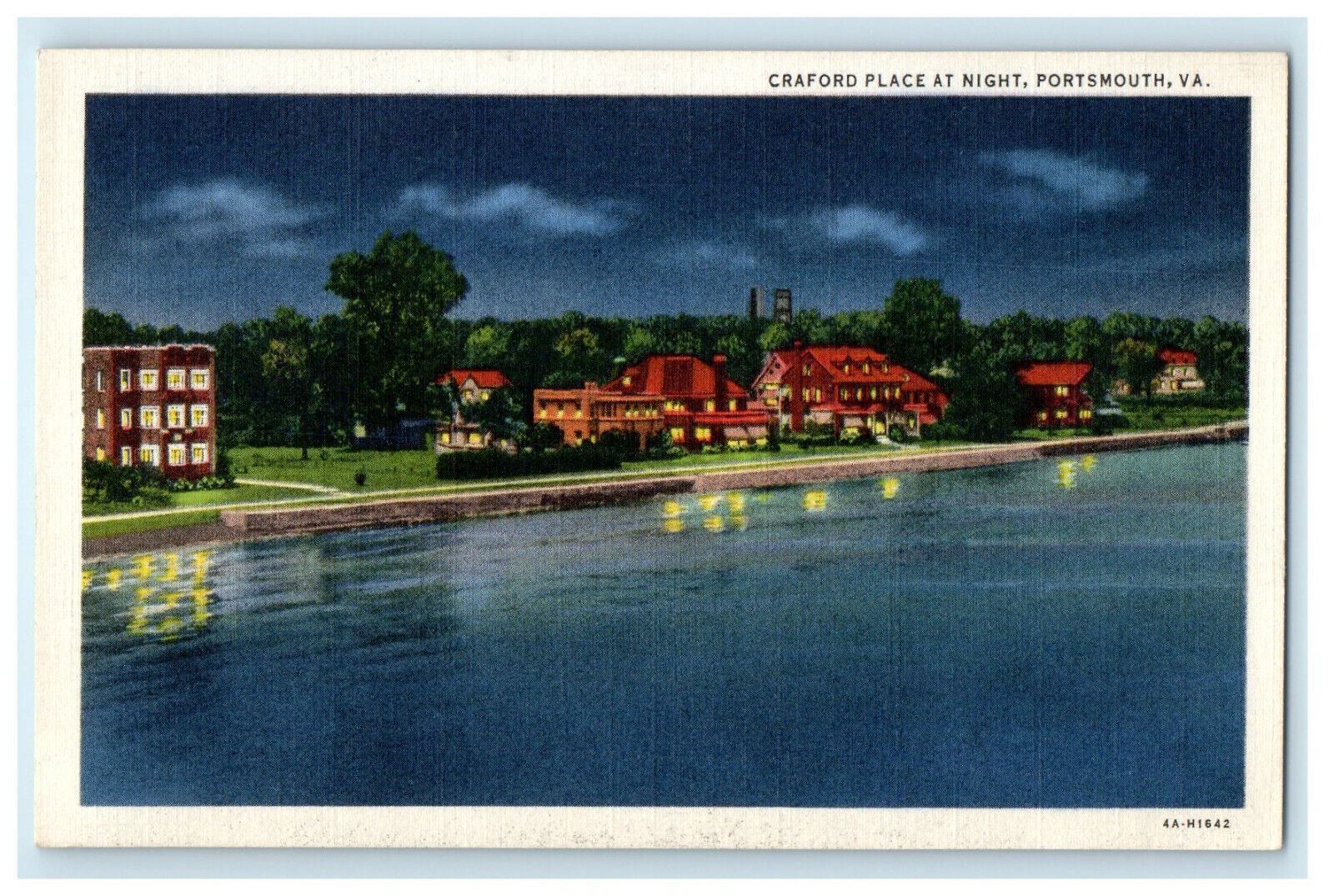 c1940s Craford Place at Night Portsmouth Virginia VA Unposted Postcard