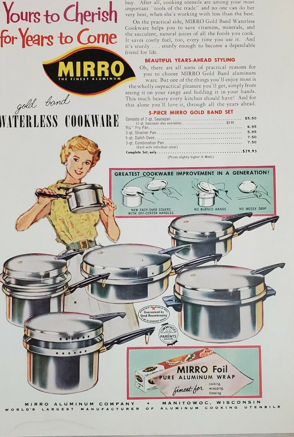 1961 Ad  Mirro Waterless Cookware Gold Band Kitchen Fry Pan Dutch Oven 
