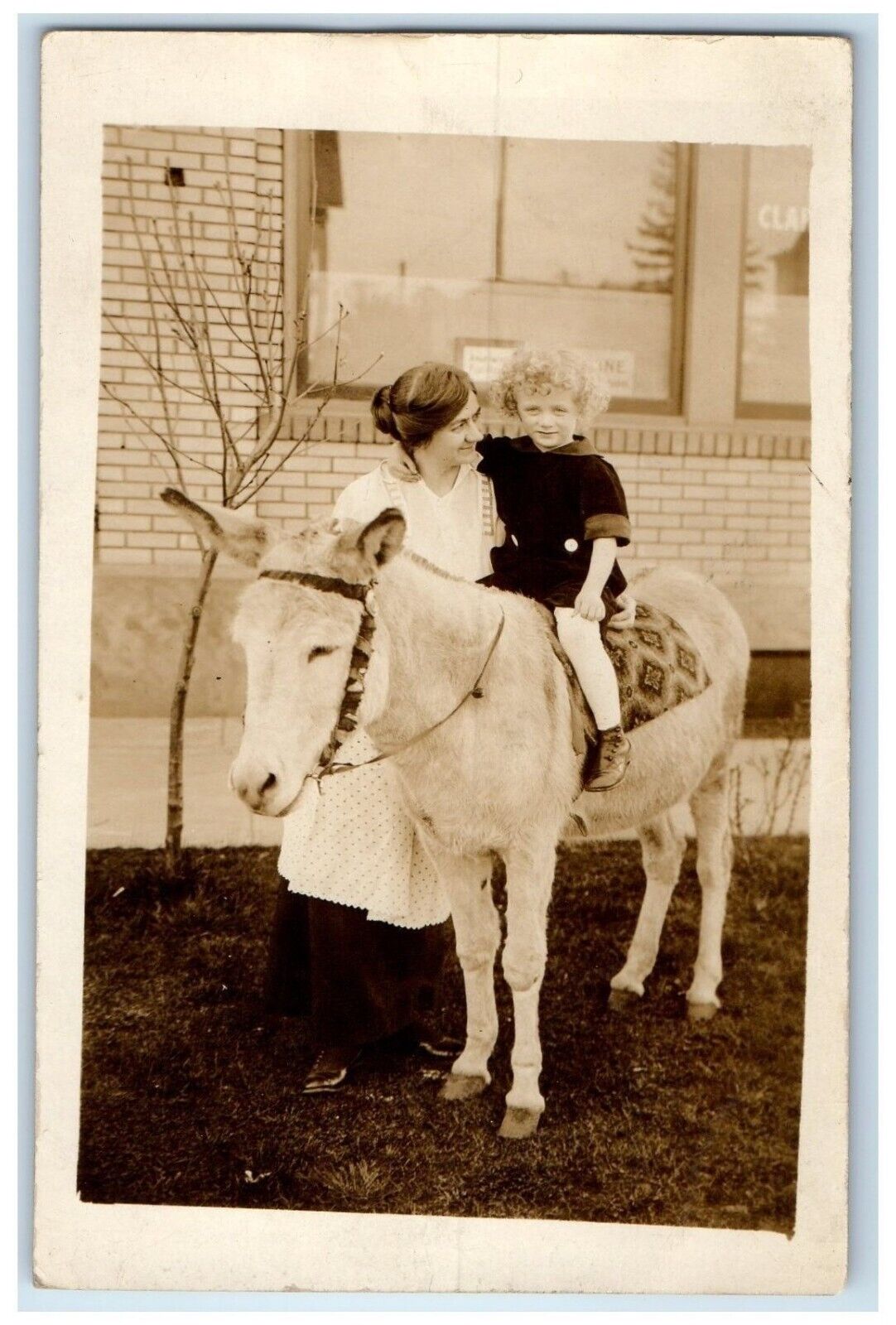 c1910's Mother Daughter Riding Mule RPPC Photo Unposted Antique Postcard