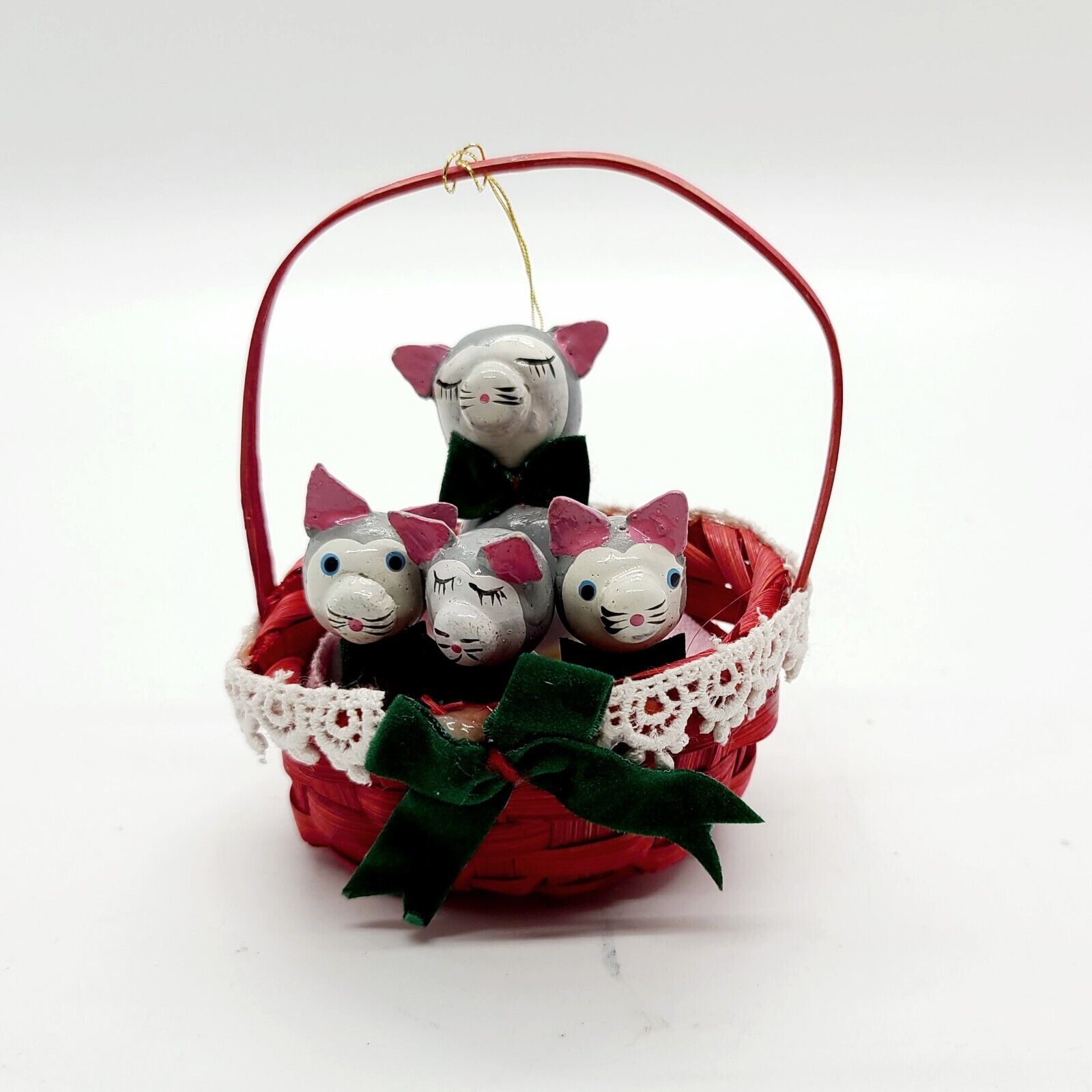 Vintage Hand Crafted Wooden Cats Kittens In Basket Christmas Ornament 3\