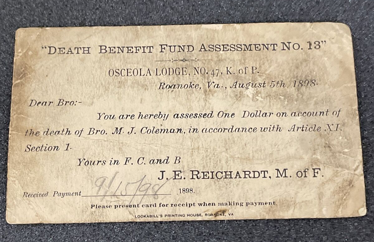 1898 Death Benefit Fund Assessment Roanoke Va. Post Card/Document