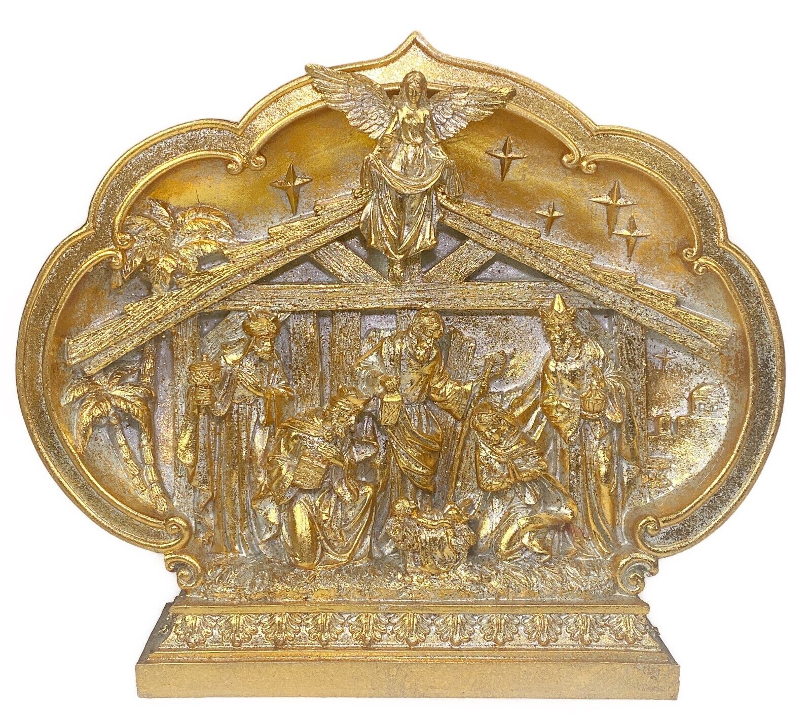 Nativity Gold Resin Figurine Christmas 3D Tabletop Icon Art Christ Birth