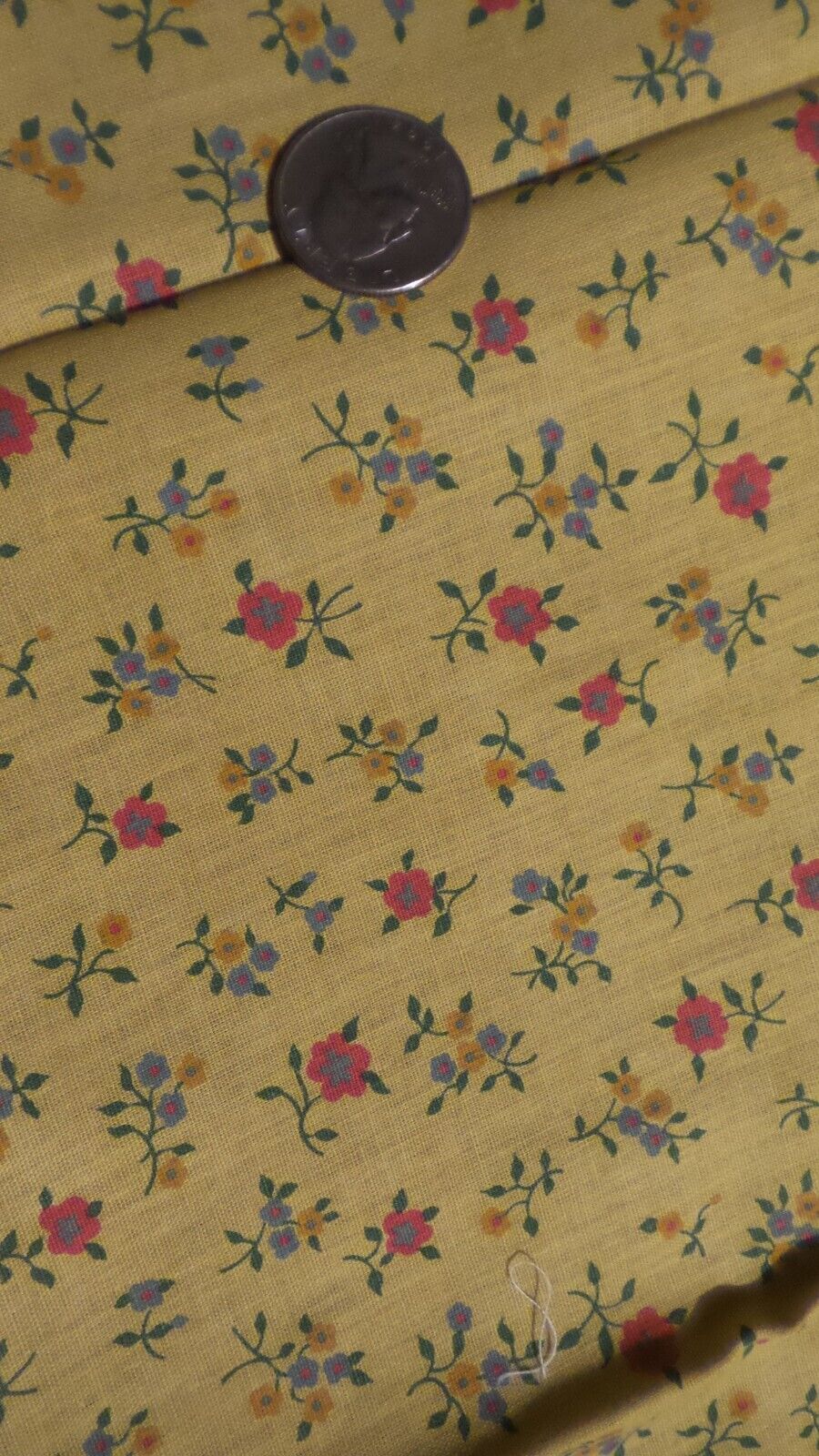 Vintage Cotton Fabric ORANGE-RED,GOLD,BLUE FLORAL on MUSTARD YELLOW  1 Yd/44\