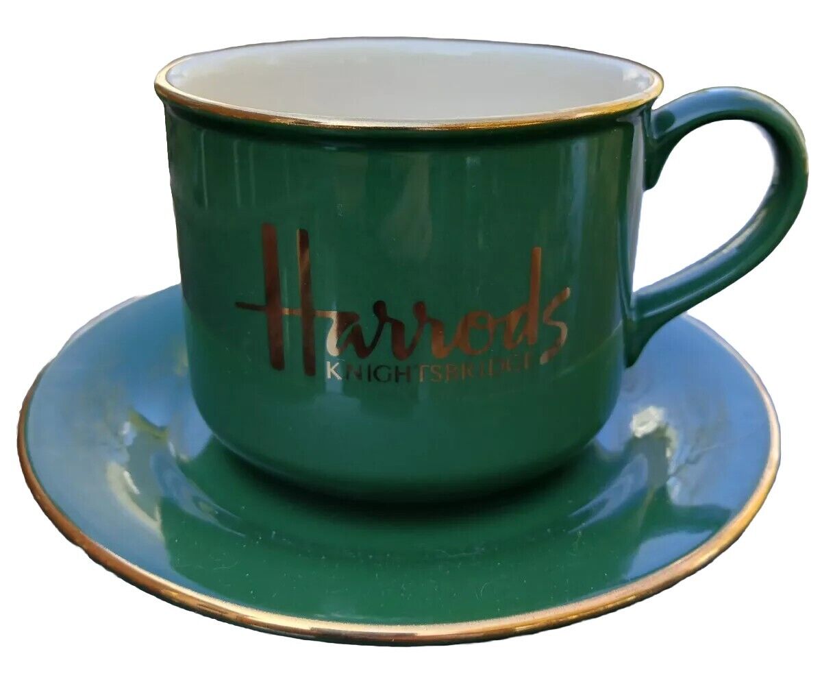 VTG Harrods Knightsbridge Tea Cup and Saucer Set GREEN Made In England Gold NWT