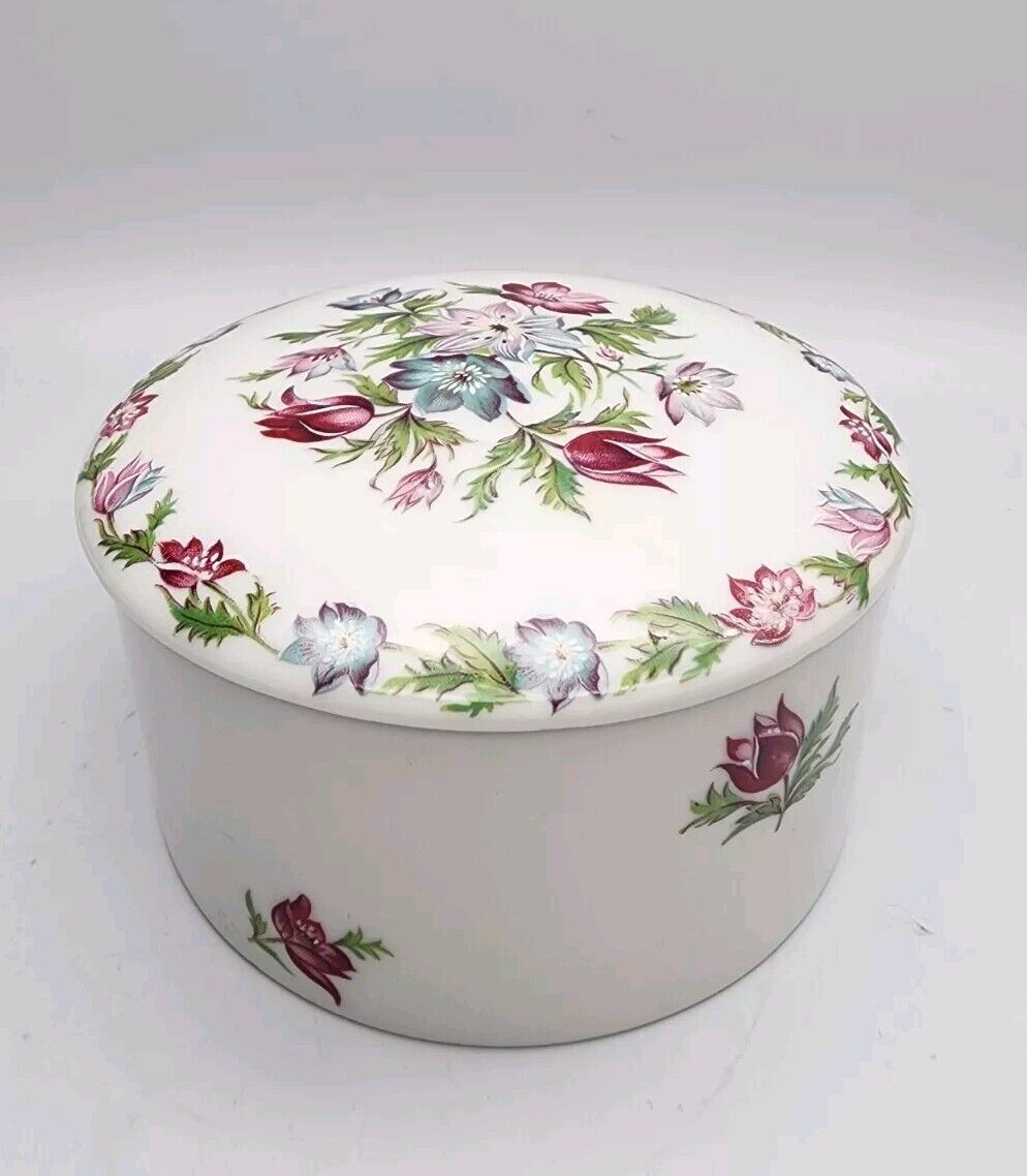 Vintage Limoges France Floral Lidded Trinket Powder Box Pink And Blue Flowers