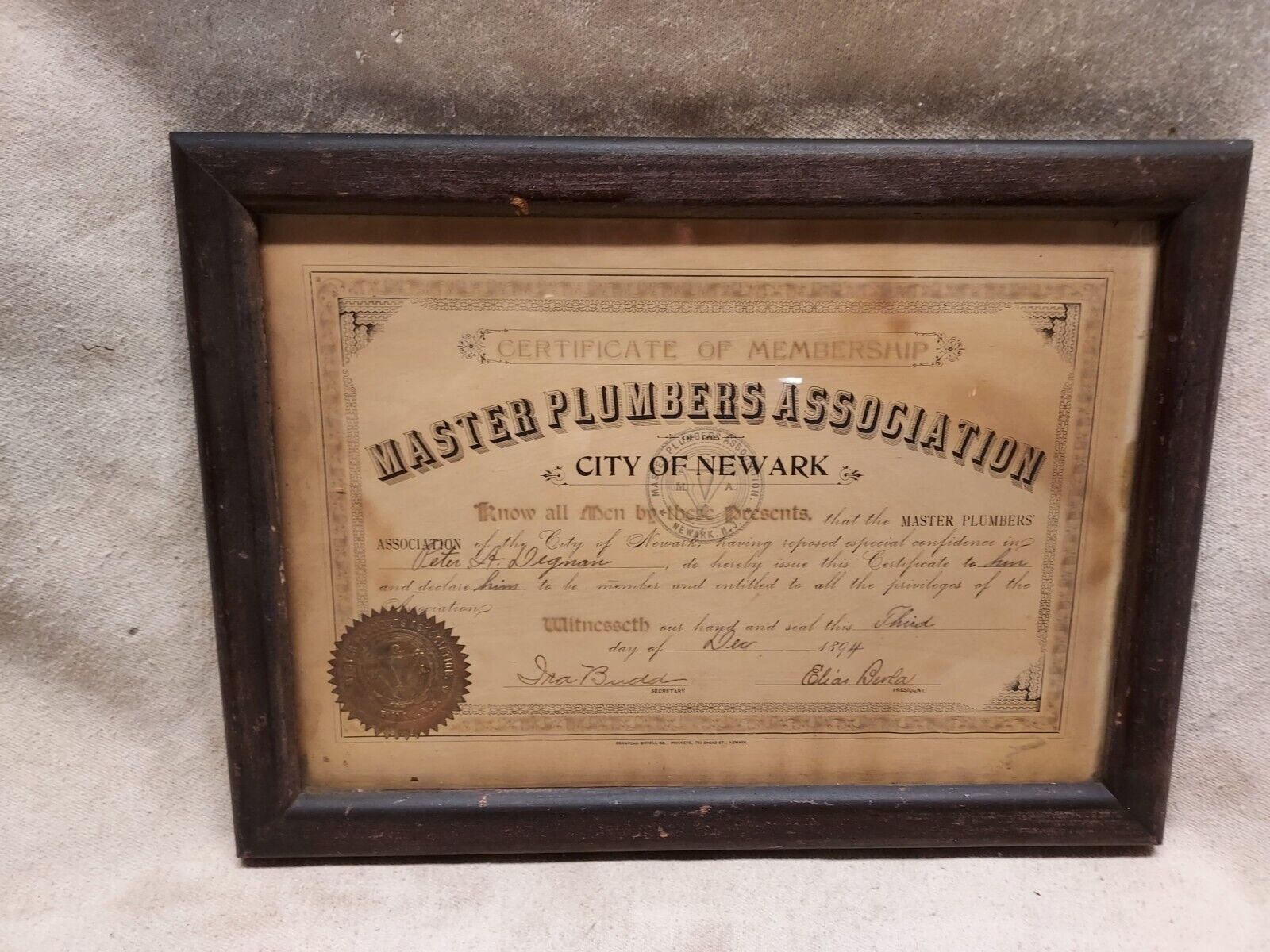 1894 MASTER PLUMBERS ASSOCIATION CITY OF NEWARK NEW JERSEY LICENSE FRAMED 14X11