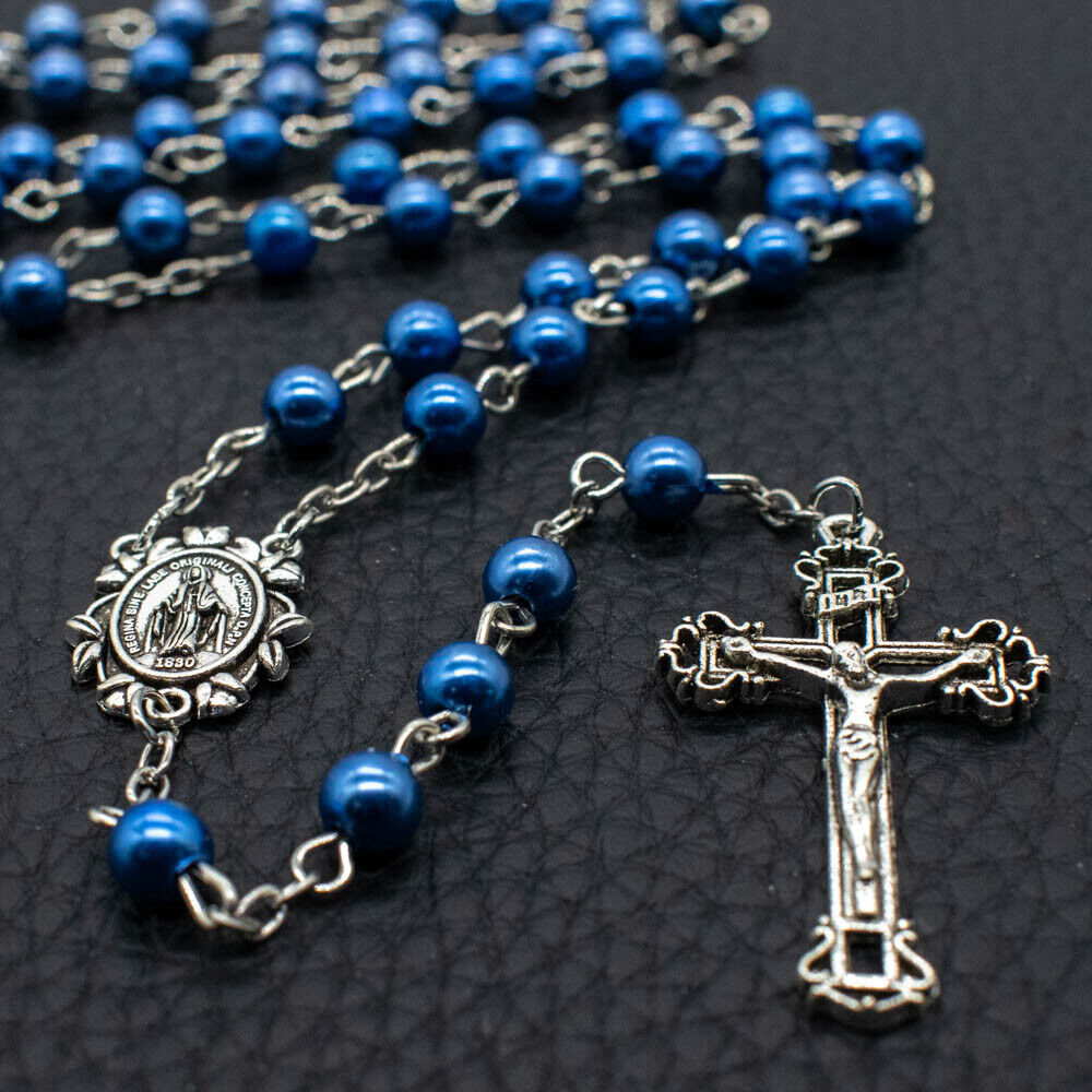 Sapphire Blue Pearl Catholic Rosary Beads Miraculous Center Traditional Crucifix