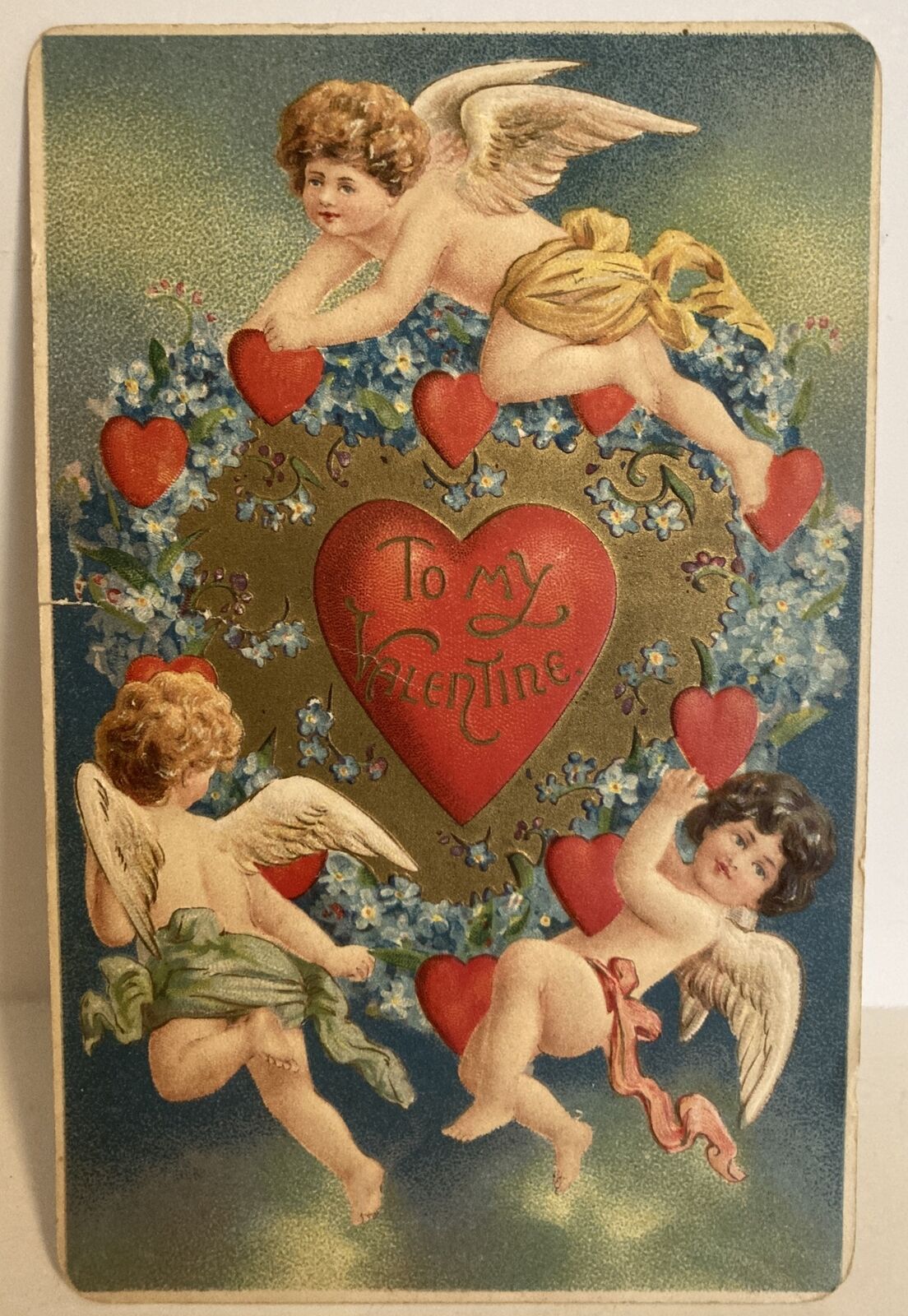 1909 Antique German VALENTINE Embossed Postcard 3 CHERUB ANGELS RED GOLD HEART