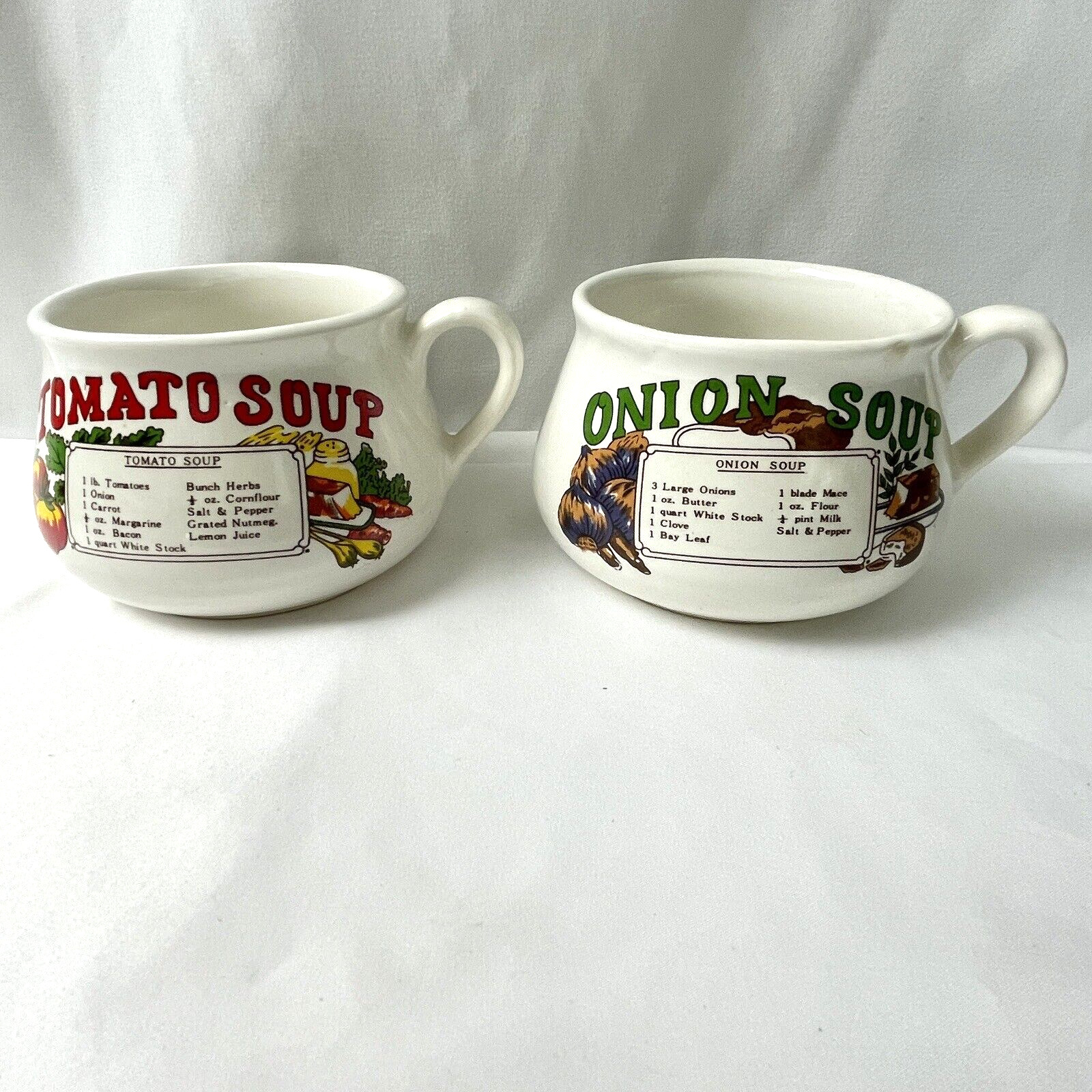 Vintage Taiwan 70's 80's Recipe Soup Mug Bowls Printed Tomato And Onion