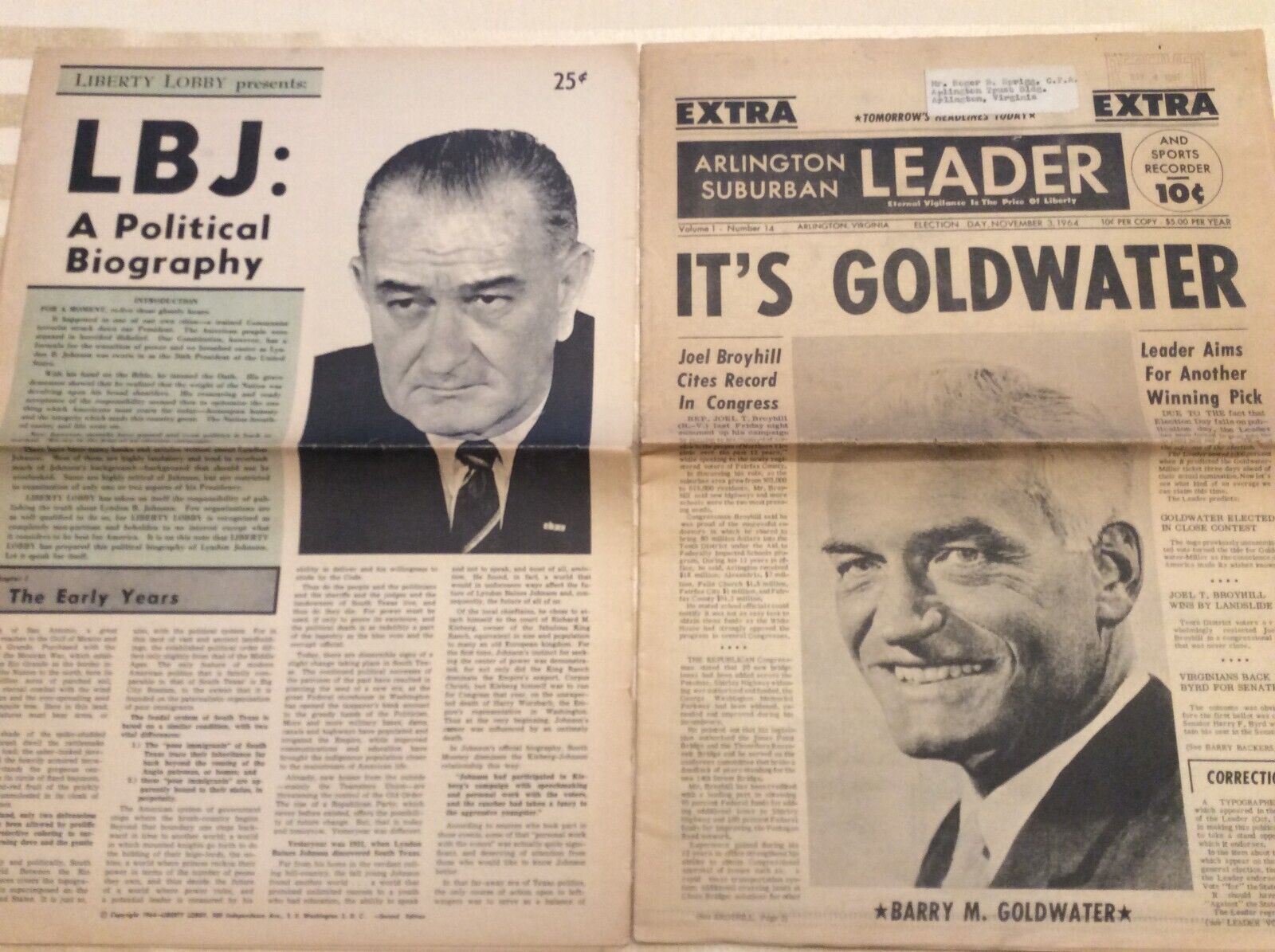 (2) HISTORIC POLITICAL NEWS ARTICLES FROM 1964 - GOLDWATER & LYNDON B. JOHNSON