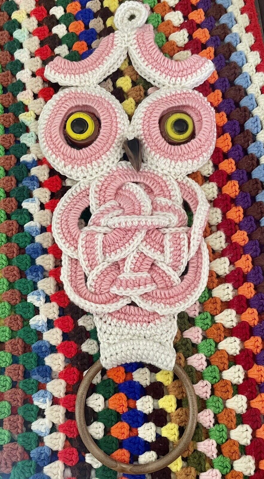 Vtg. Pink Granny Crochet Owl Owl Holder Kitschy