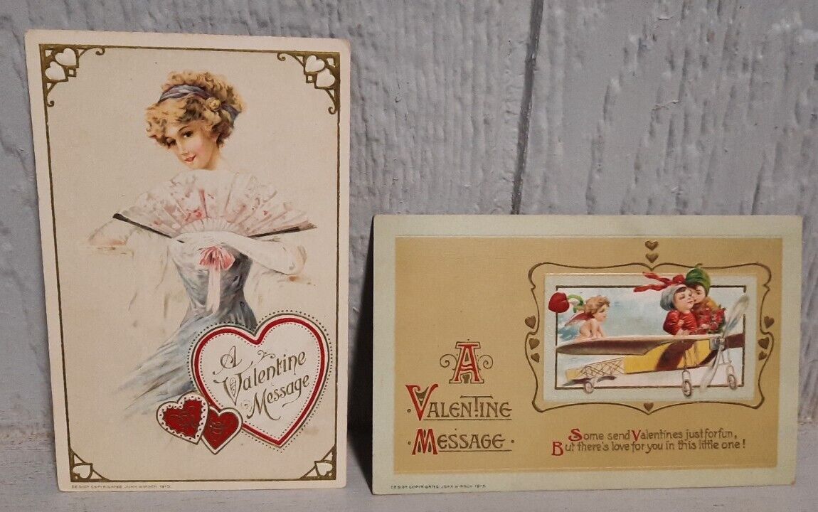 Lot of 2 Antique Vintage 1913 & 1915 Valentine Postcards John Winsch Germany 