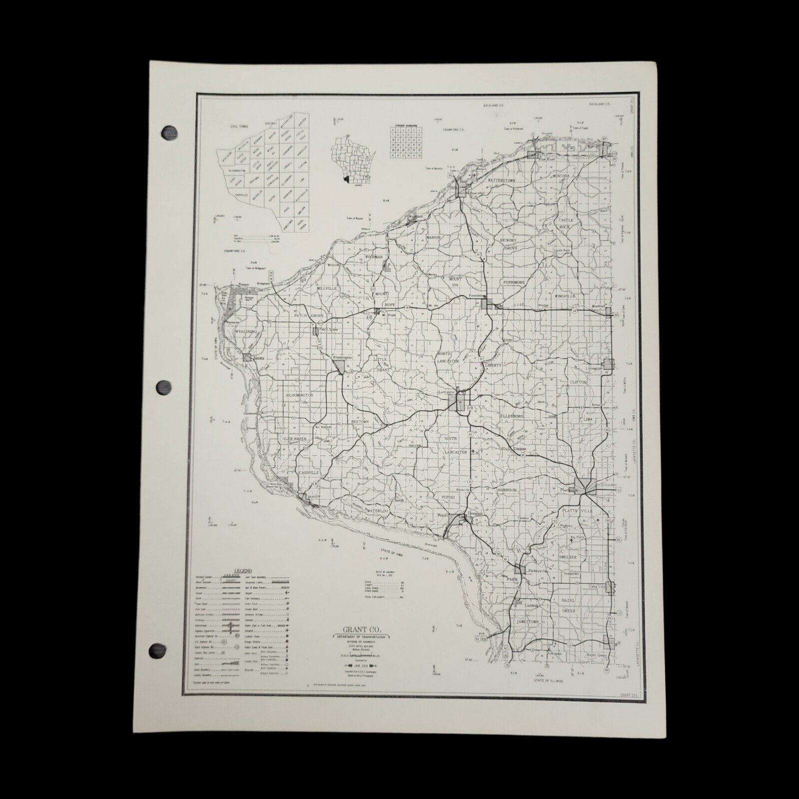 VTG Grant County Map Wisconsin Department of Transportation Highways 1974 Roads
