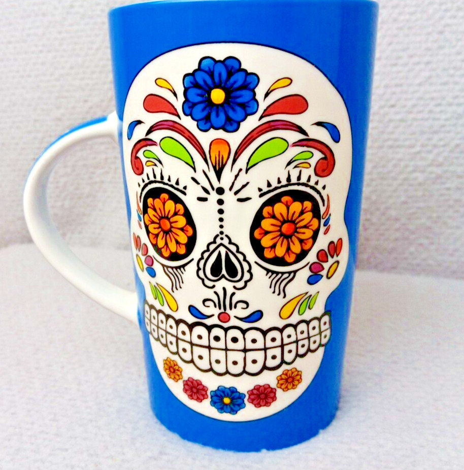 Day of the Dead Sugar Skull Ceramic Mug Blue/White Mexico Latte Height 5.25\