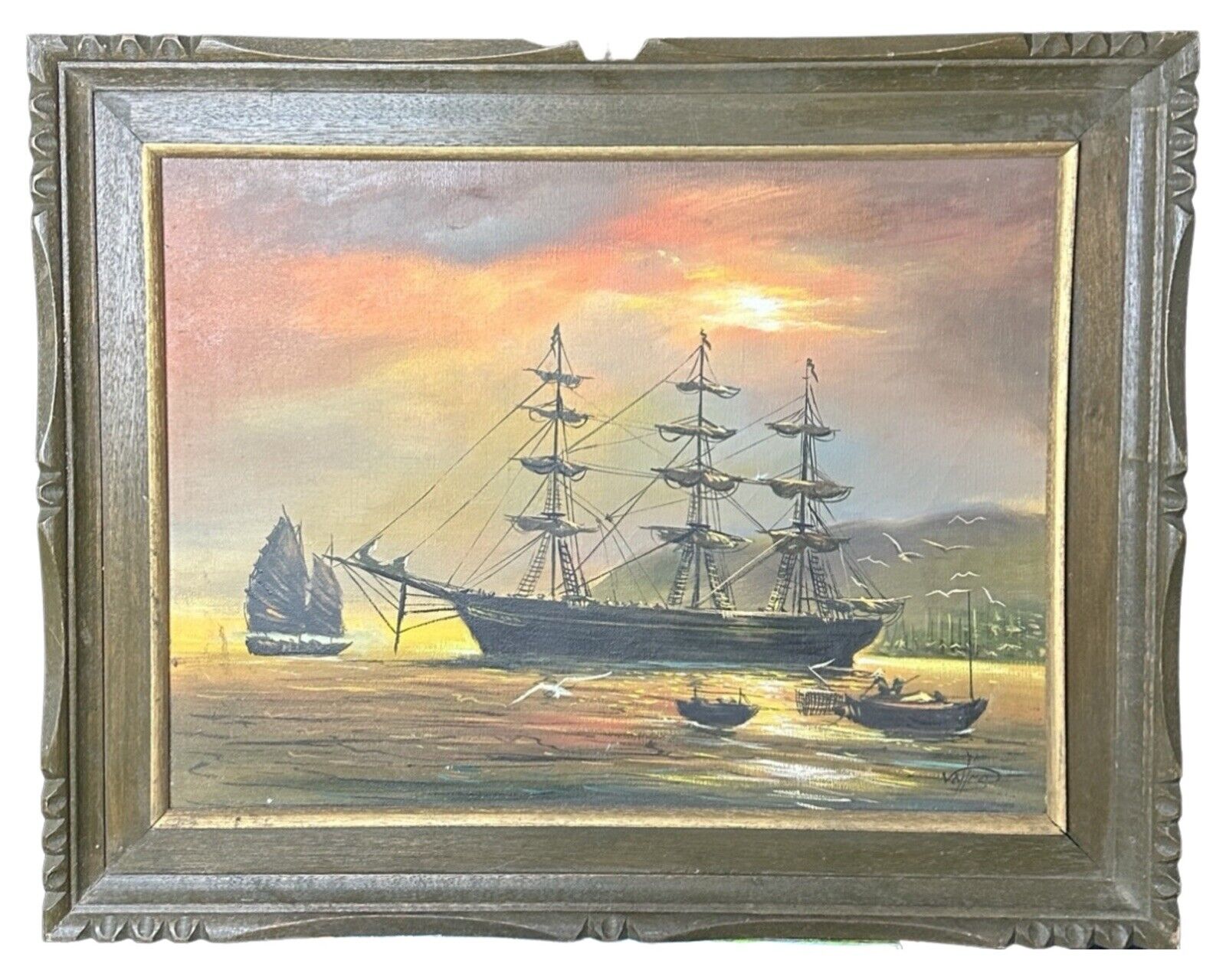 VALLES Vintage Sailing Ship Seascape Framed Canvas Painting