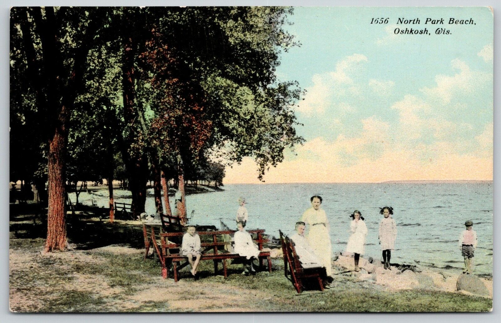 Oshkosh WI~North Park Beach~Ladies on Benches~Girls on Rocks~1908 Postcard