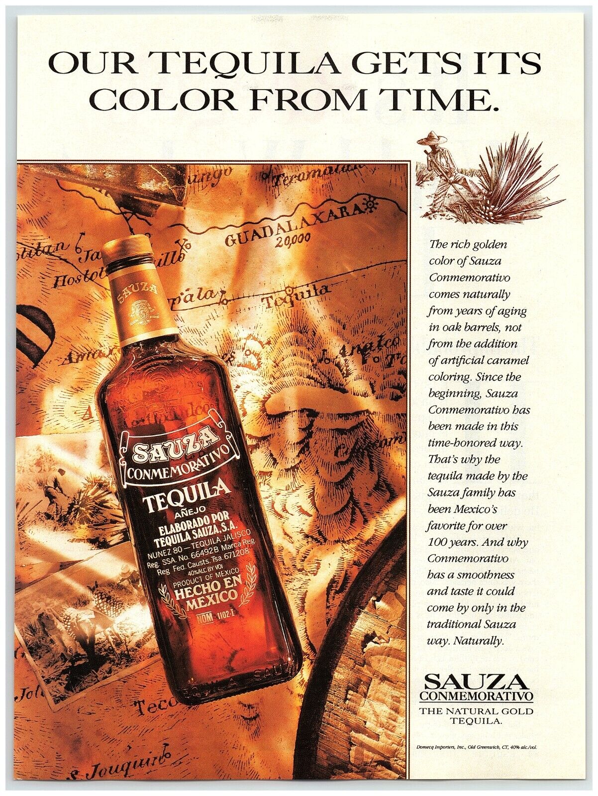 1994 Sauza Conmemorativo Tequila Print Ad, Anejo Gold Mexico Agave Farmer Map