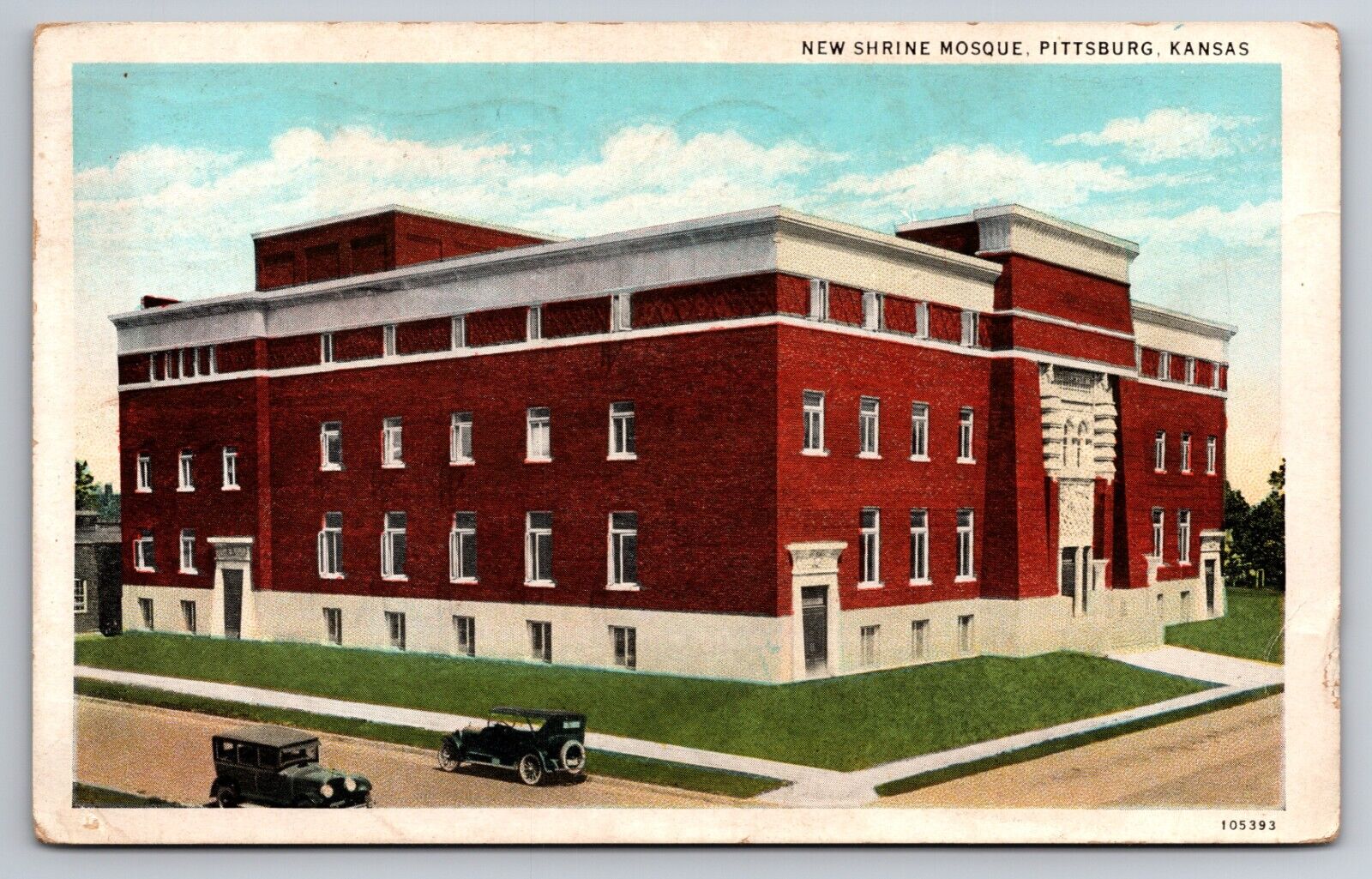 New Shrine Mosque Pittsburg Kansas KS Old Cars 1932 Postcard