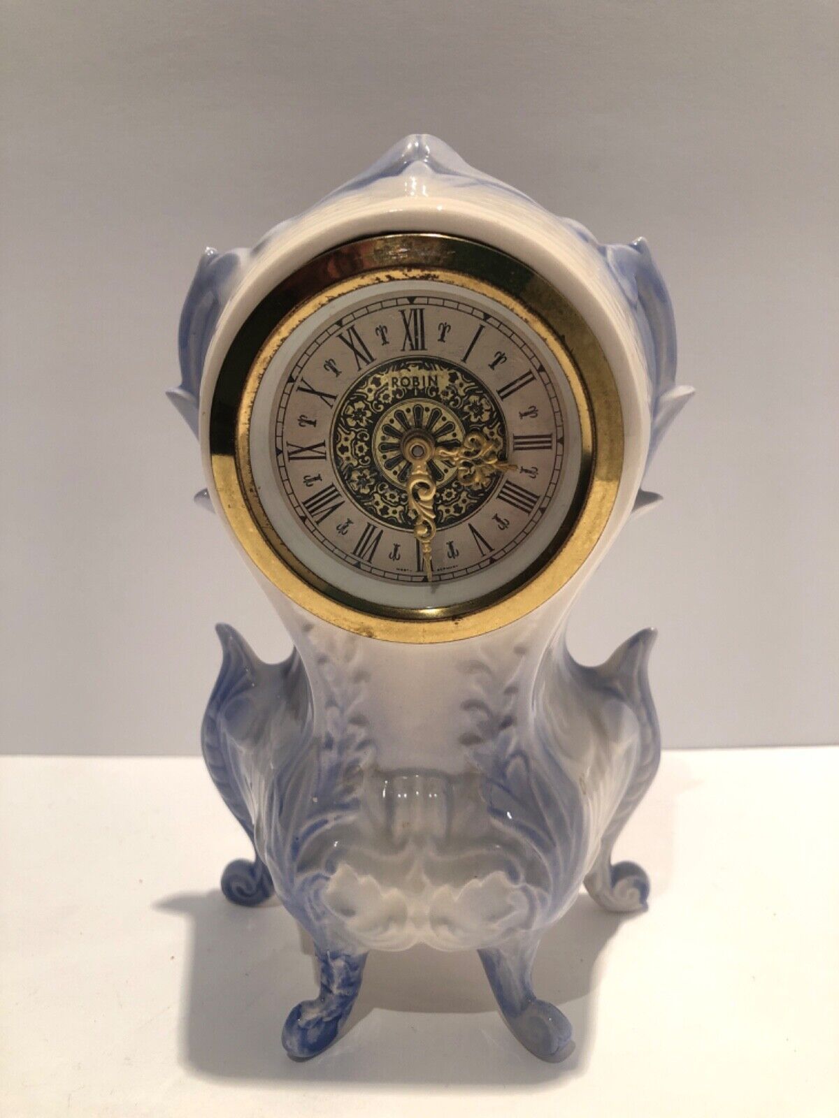 Ceramic Blue White Mantle Clock Figurine West Germany Artistic Vintage