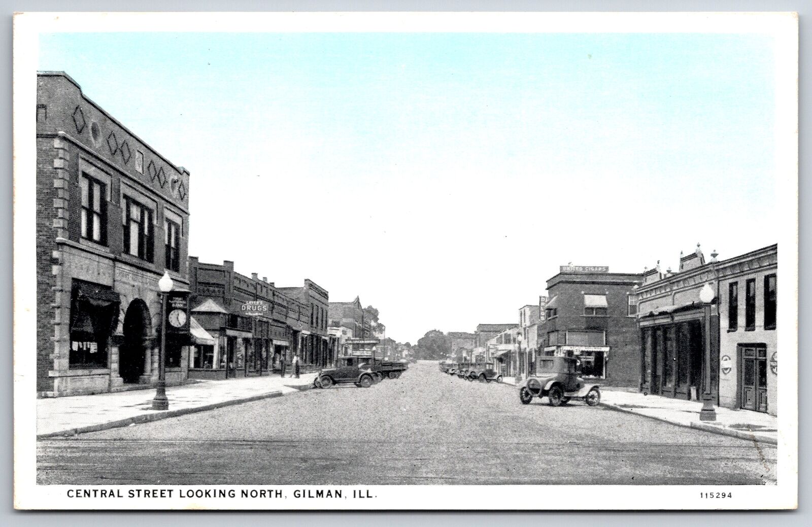 Gilman Illinois~Central Street North~Street Clock~Downtown Shopping~1920s B&W PC