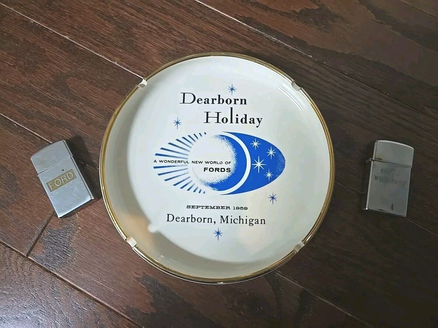 Vintage 1959 Ford Dearborn Holiday Ashtray & Two Zippo Lighters