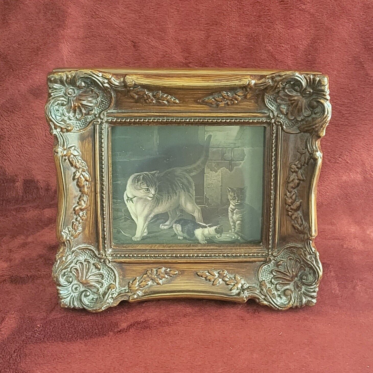 Vtg Framed Cat Print Black & White Ornate Wood Frame Victorian French Cottage 