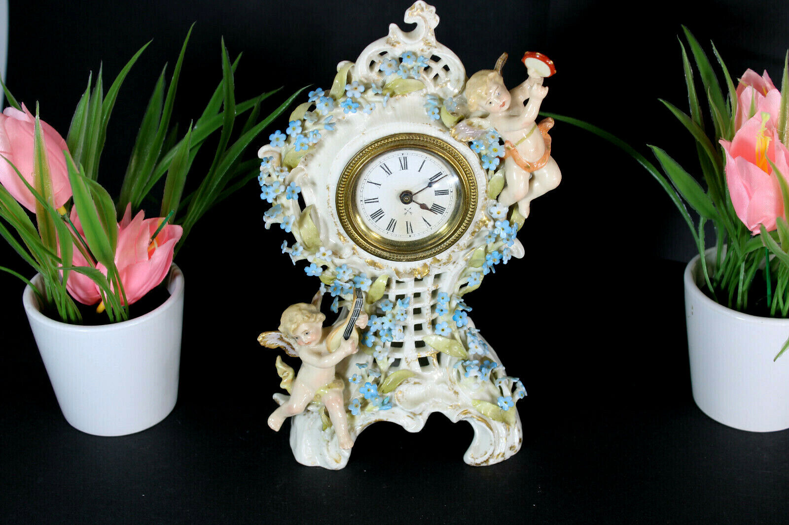 Antique Schierholz plaue porcelain table lamp cherub putti floral marked 