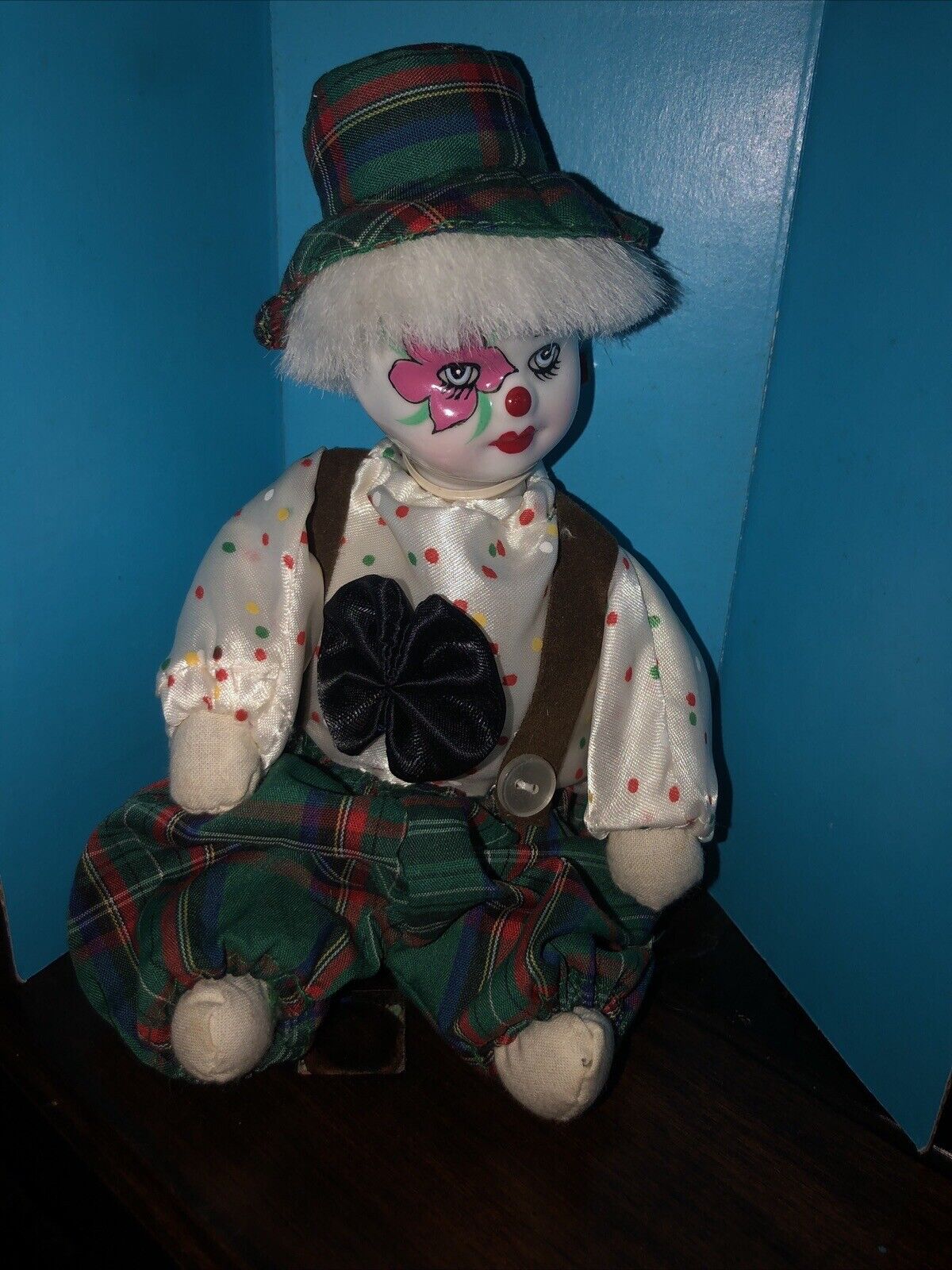 Vintage Porcelain Head Clown With Plaid Pants  Stuffed Body Bag 8''