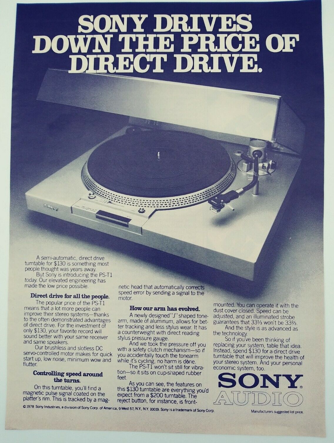 1978 Sony Audio Print Ad Record Player Turntable Direct Drive vinyl vintage dj