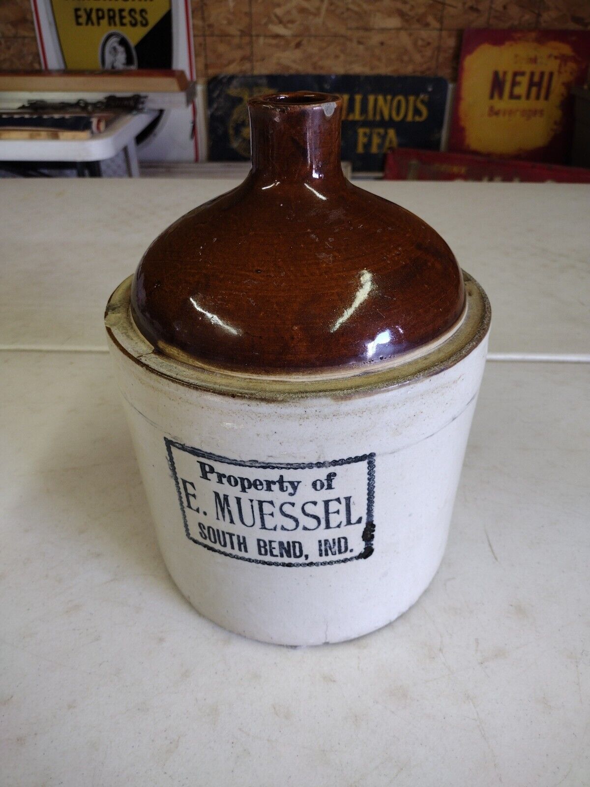 Antique 3 Gallon E Muessel South Bend IN Advertising Stoneware Crock Jug Drewrys
