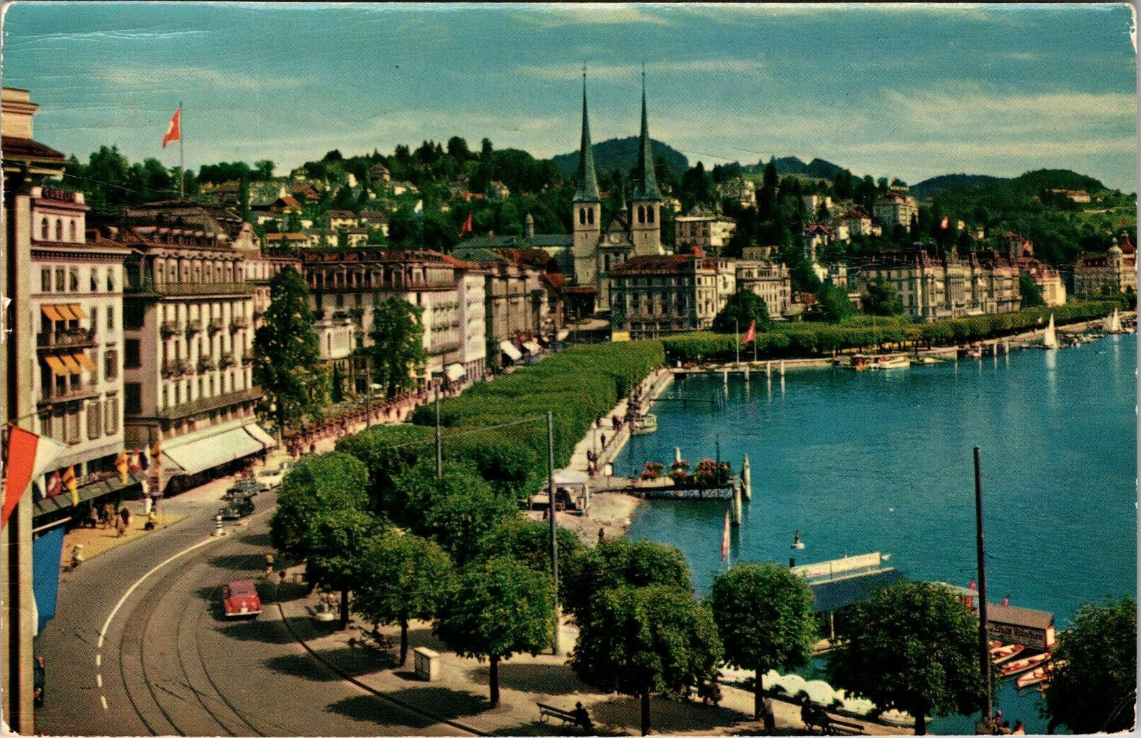 Lucern Promenade with Cathedral Switzerland Vintage Postcard Old Car