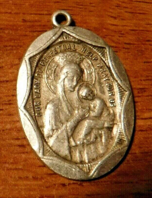 Vintage Brown Scapular Replacement Medal, Sterling Silver, O.L. Perpetual Help