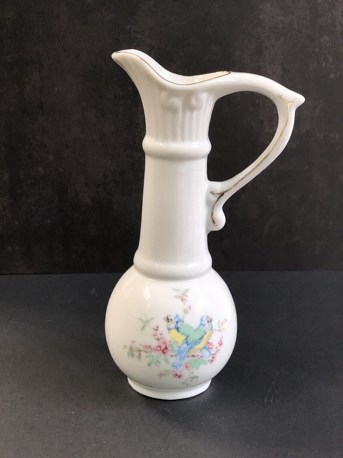 Vintage White China Bud Vase With Love Birds Painted On Front