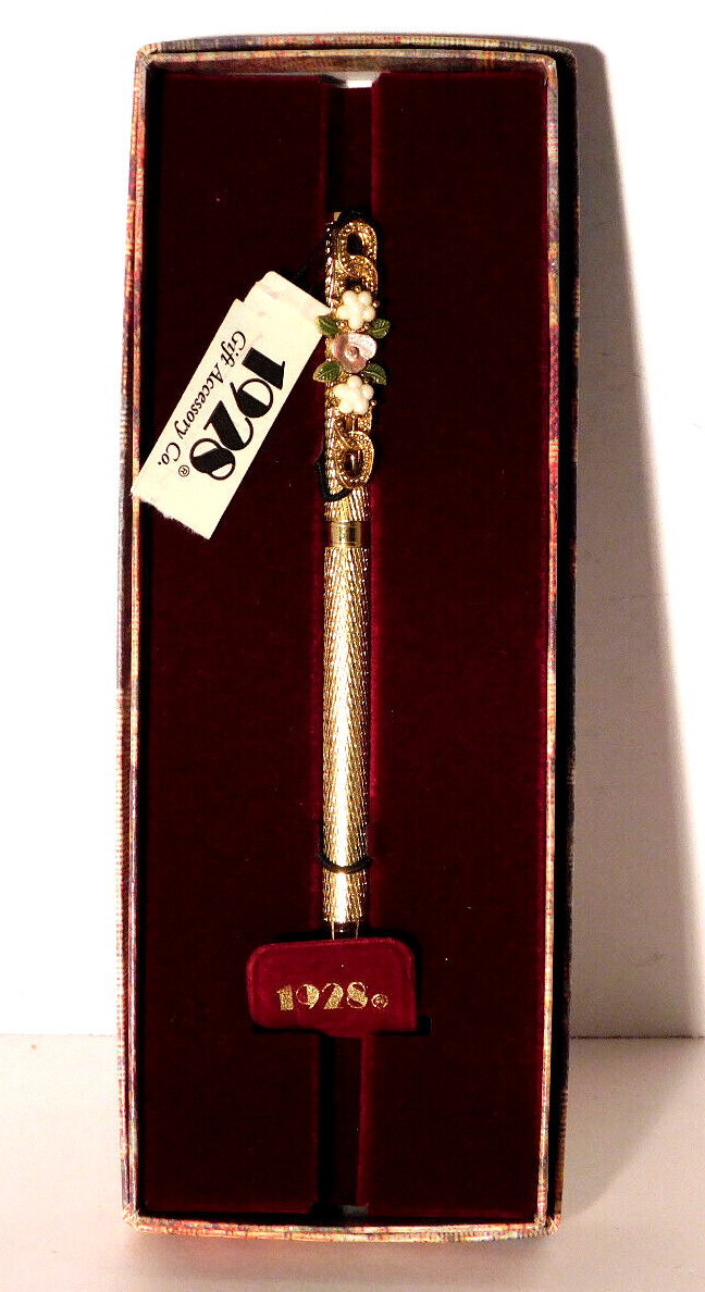 Vtg. 1928 Floral Faux Pearl Swirled Gold Tone Ink Pen with Case NWT