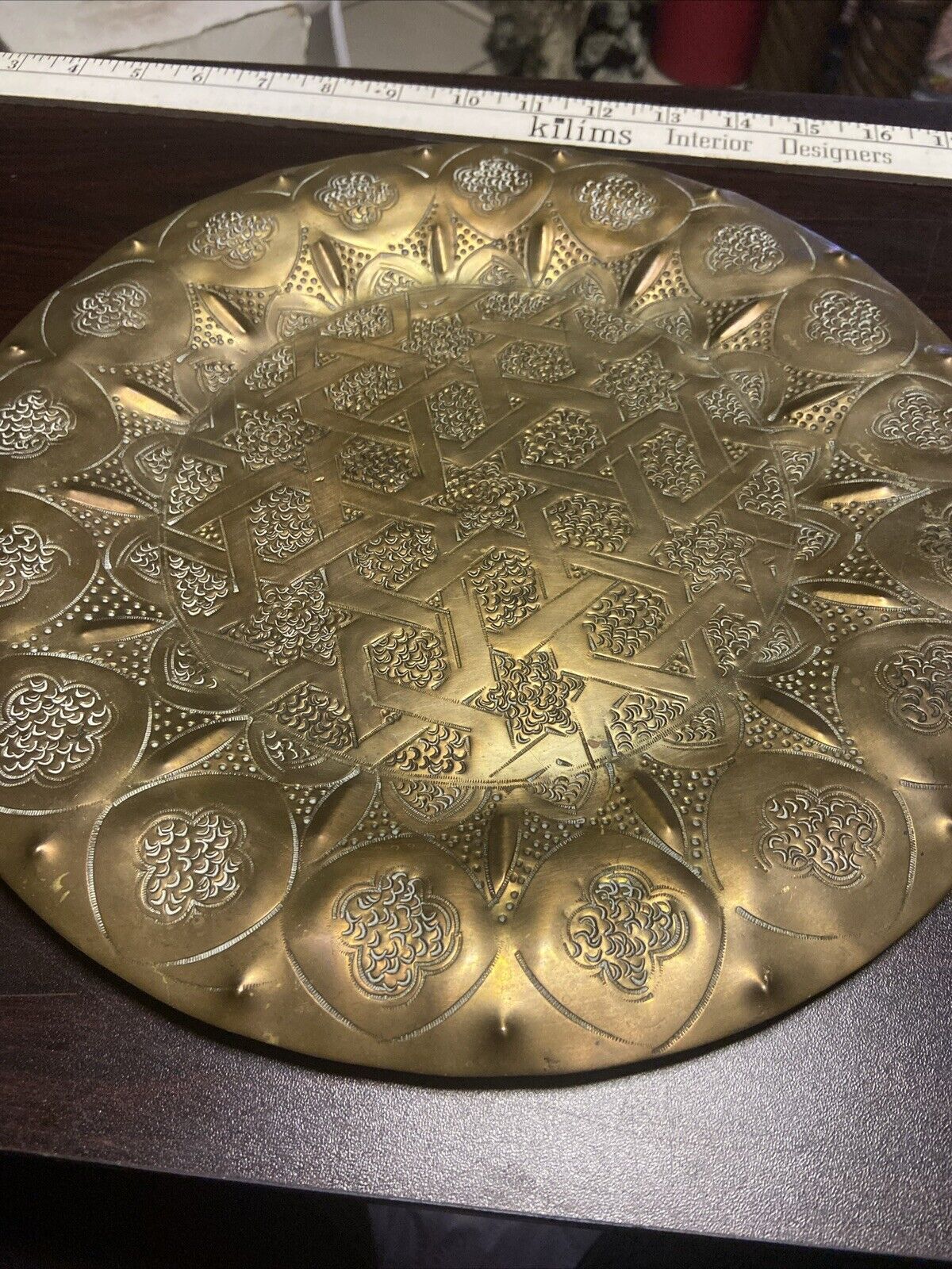 11.5”Antique Engraved Brass Serving Tray Platter Jewish Turkish Persian