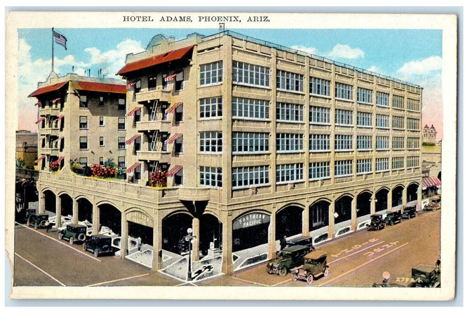 1938 Hotel Adams Buildings Cars Street View Phoenix Arizona AZ Vintage Postcard