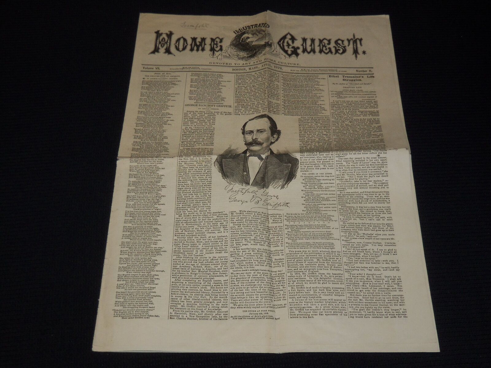 1878 APRIL ILLUSTRATED HOME GUEST NEWSPAPER - GEORGE BANCROFT GRIFFITH - K 61