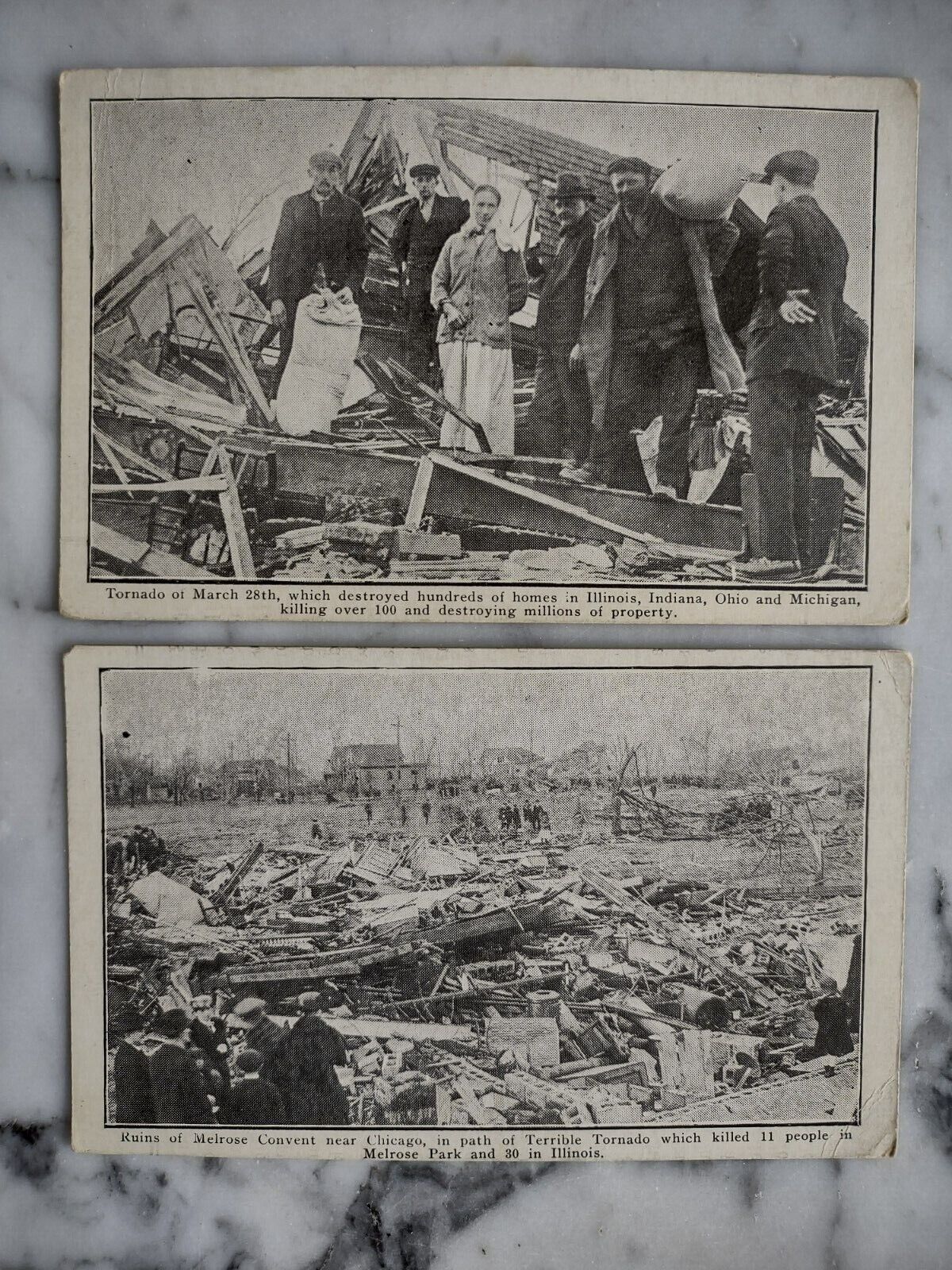 (2) Palm Sunday March 28 1920 Tornado Postcards 100 Dead IL OH MI IN