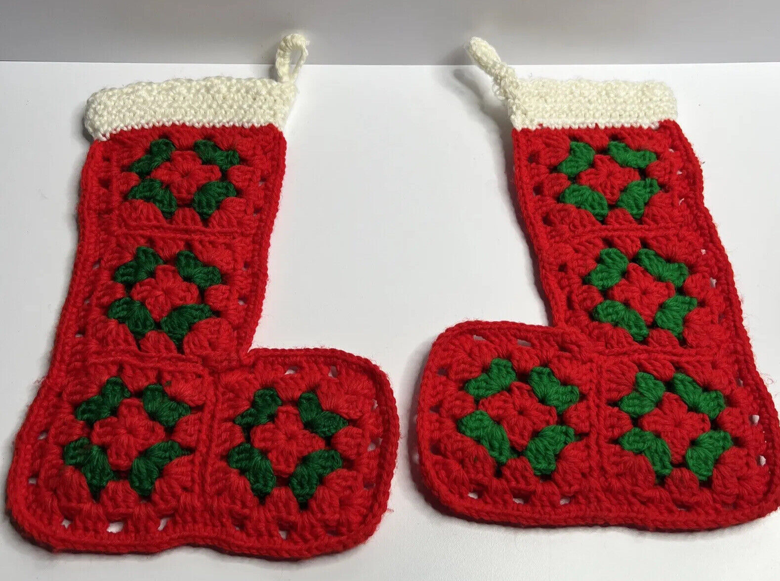 2 Vintage Handmade Granny Square Crochet Christmas Stockings Red w/Holly