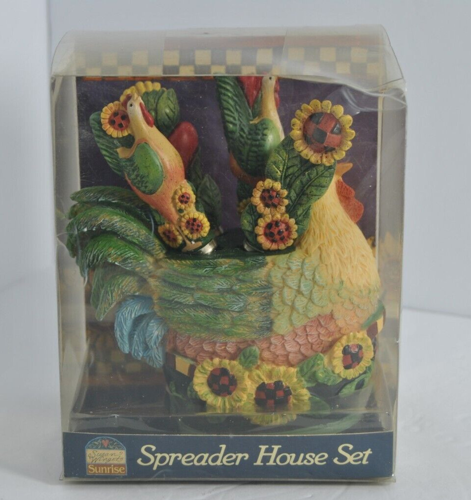Vintage 2002 Susan Wingets Sunrise Spreader House Set Rooster Knives & Holder