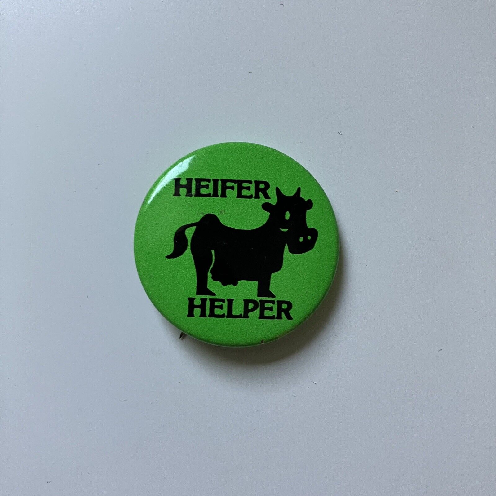 Vintage Button Pin Bright Green and Black Cow Silhouette Heifer Helper