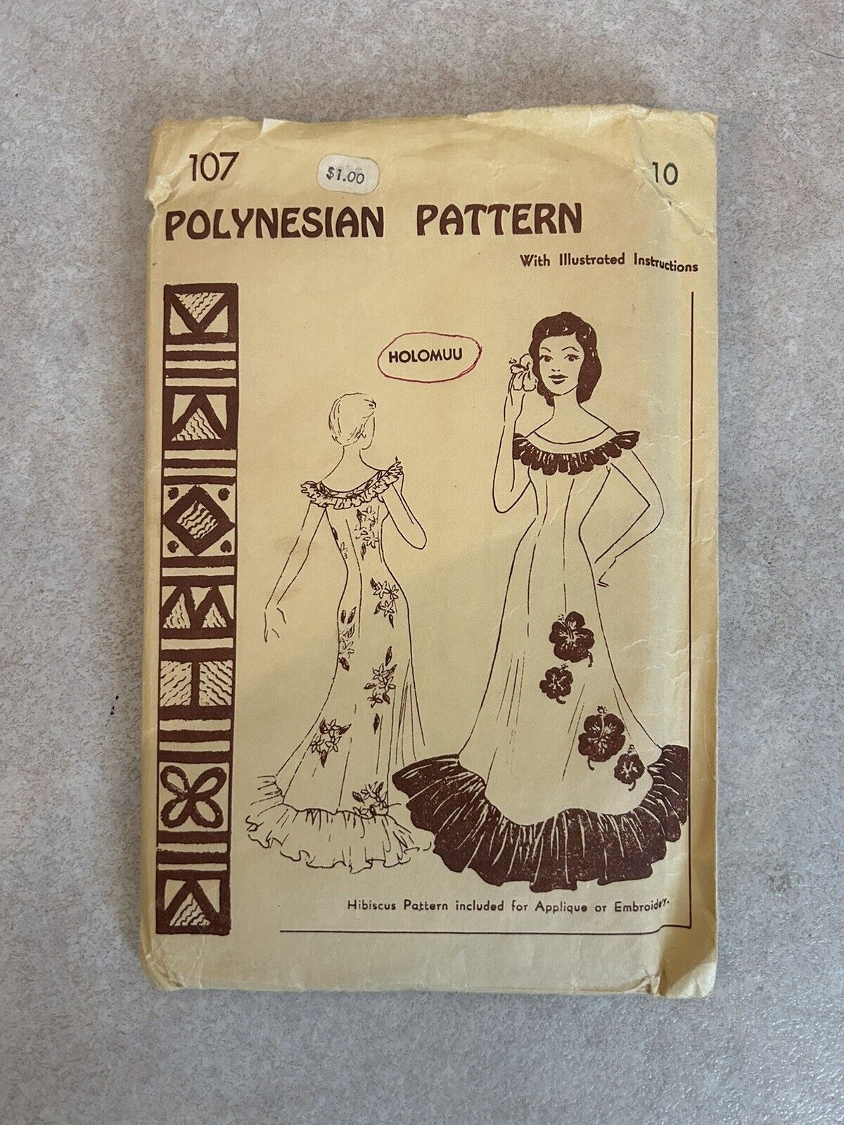 Vintage 1960s Polynesian Pattern Hawaiian Illustrated Hibiscus Pattern As Is