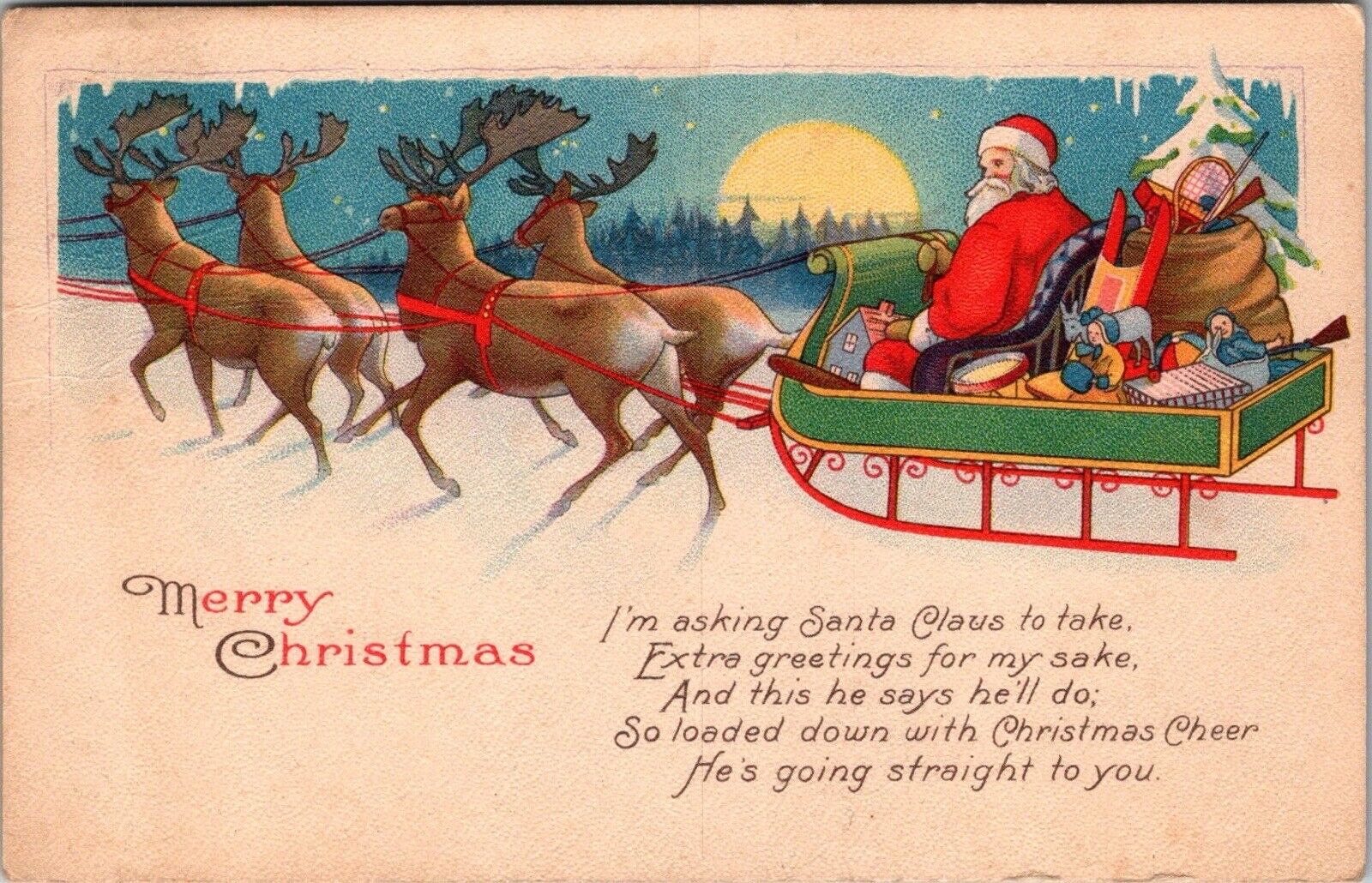 1920s Postcard Merry Christmas Santa Claus Driving a Sled Reindeer Toys JA12