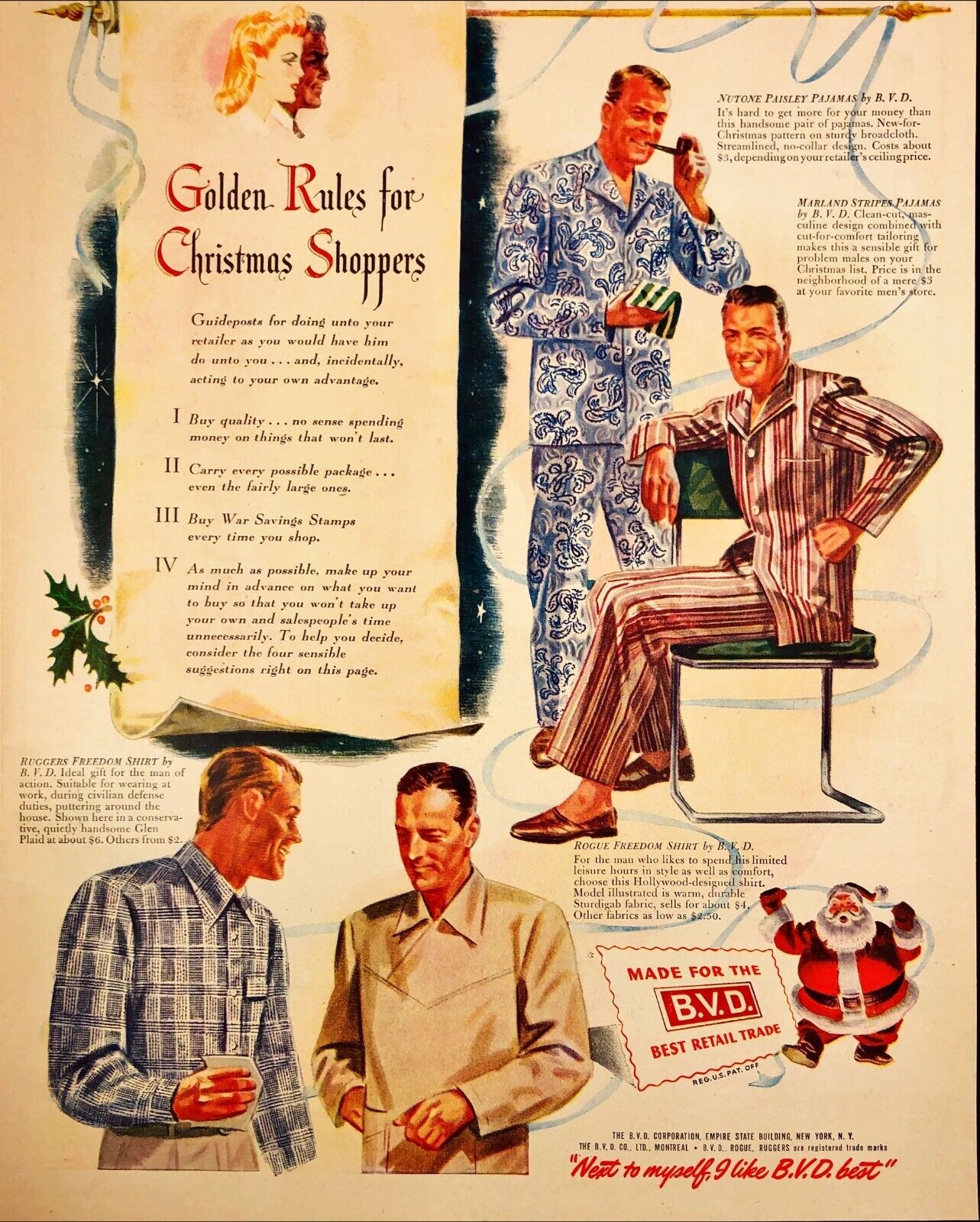 1943 B.V.D Golden Rules For Christmas Shoppers Mens Pajamas Vintage Print Ad