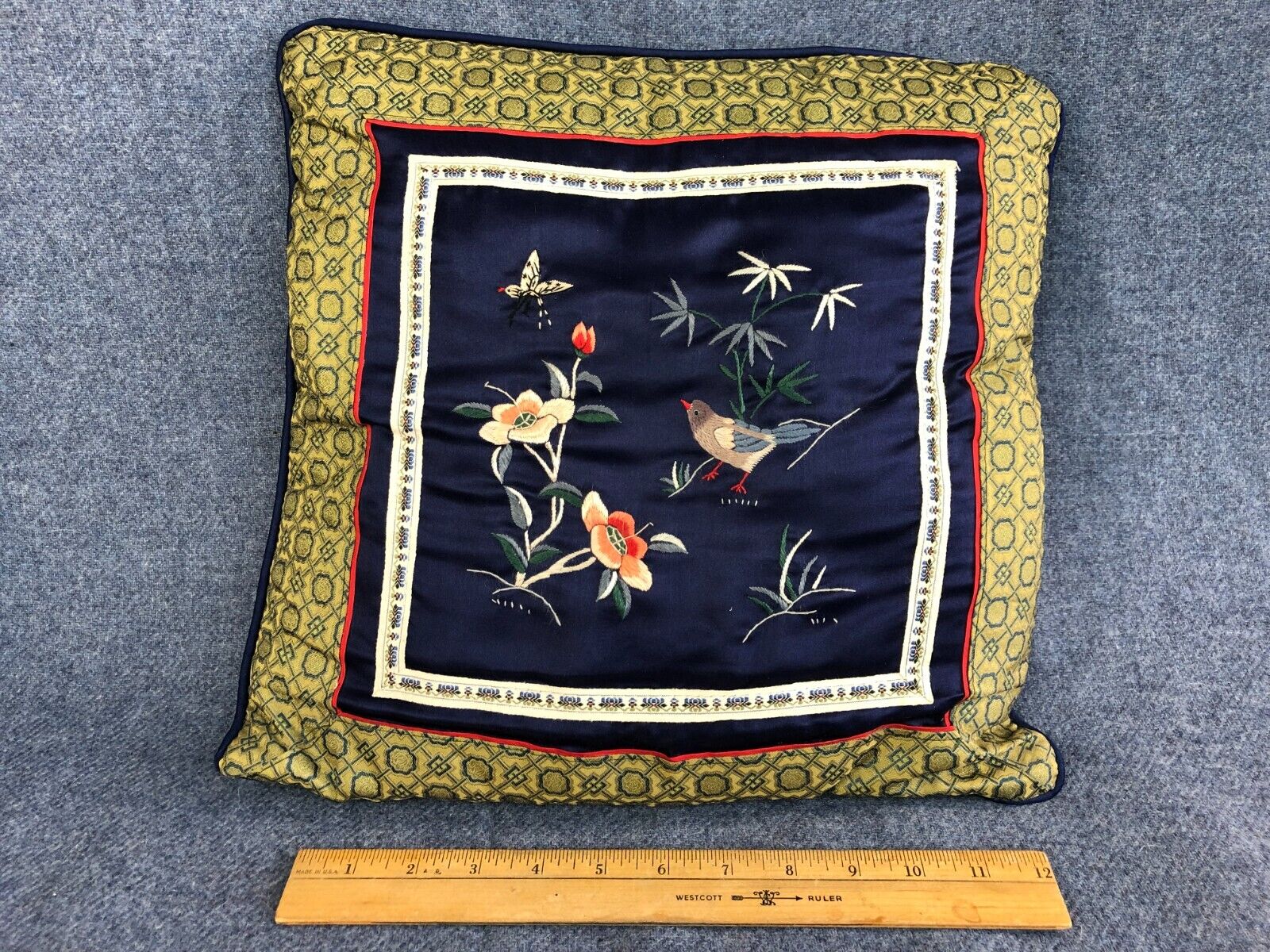 VTG Chinese EMBROIDERED Silk TAPESTRY Peacock BIRD Floral THROW Pillow Accent