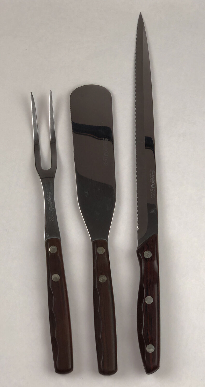 3 Zylco KItchen Utensils Ergonomic Wood Handle Knife Meat Fork 95K 97K 99K Vtg
