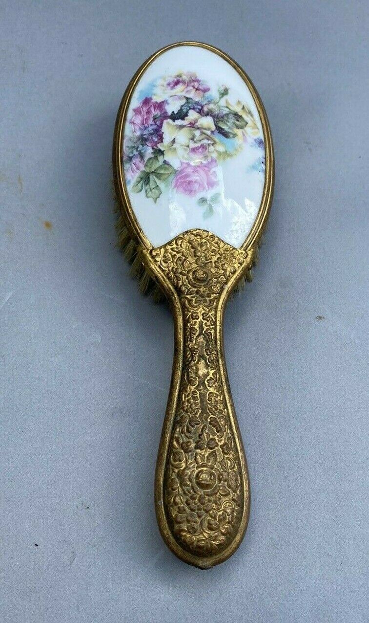 Vintage Antique Victorian Floral Decorated Hand Painted Porcelain Vanity Brush