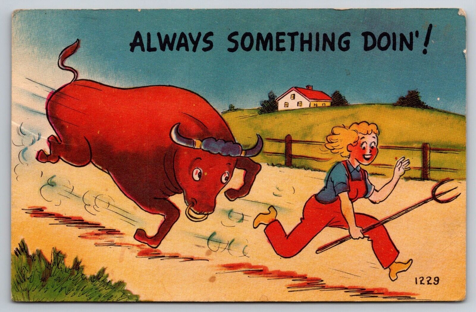 Comic Bull Chasing Farmer -Always Something Doin  Vintage Postcard