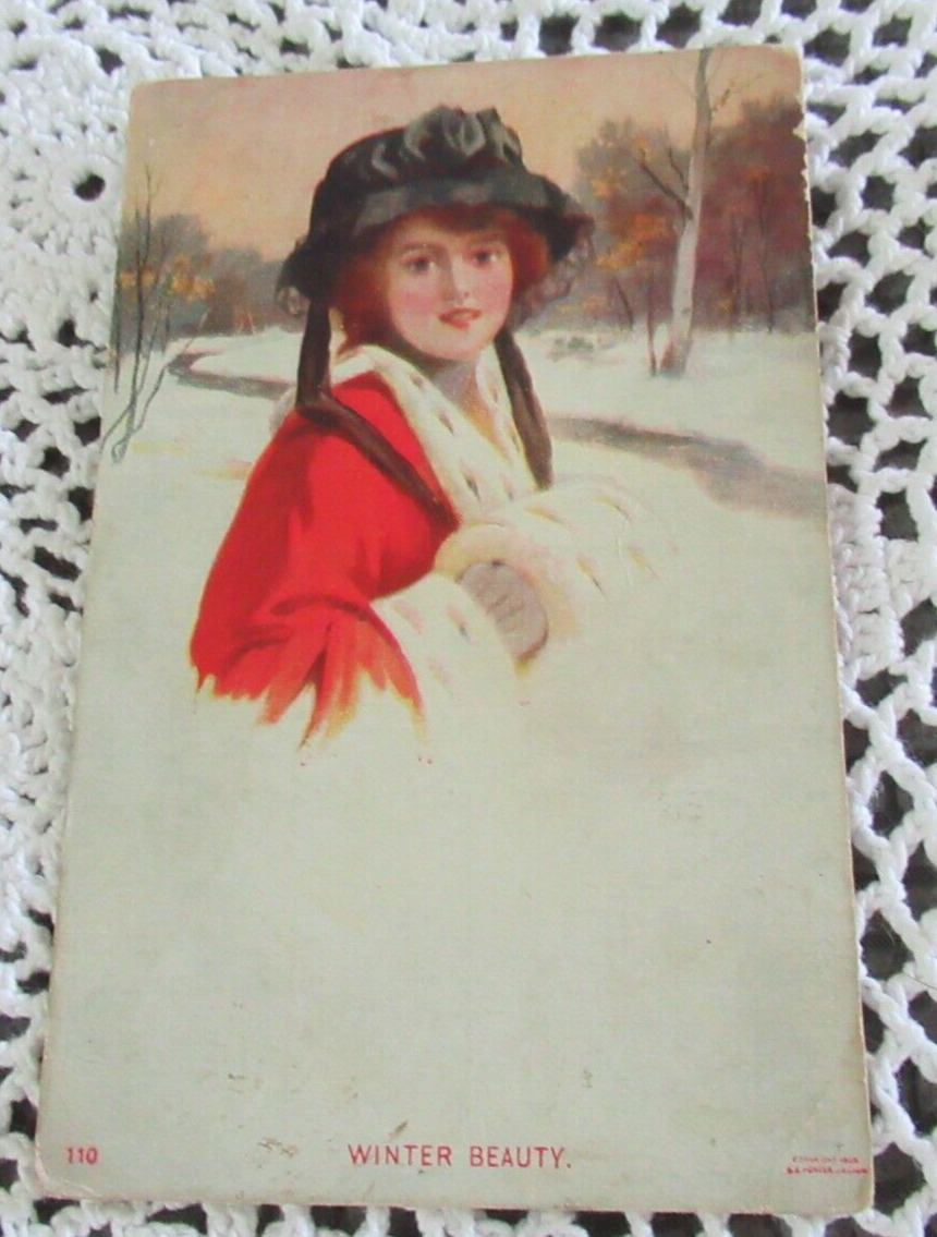 Vintage Split Back 1914 postmarked WINTER BEAUTY ( Lady ) POSTCARD